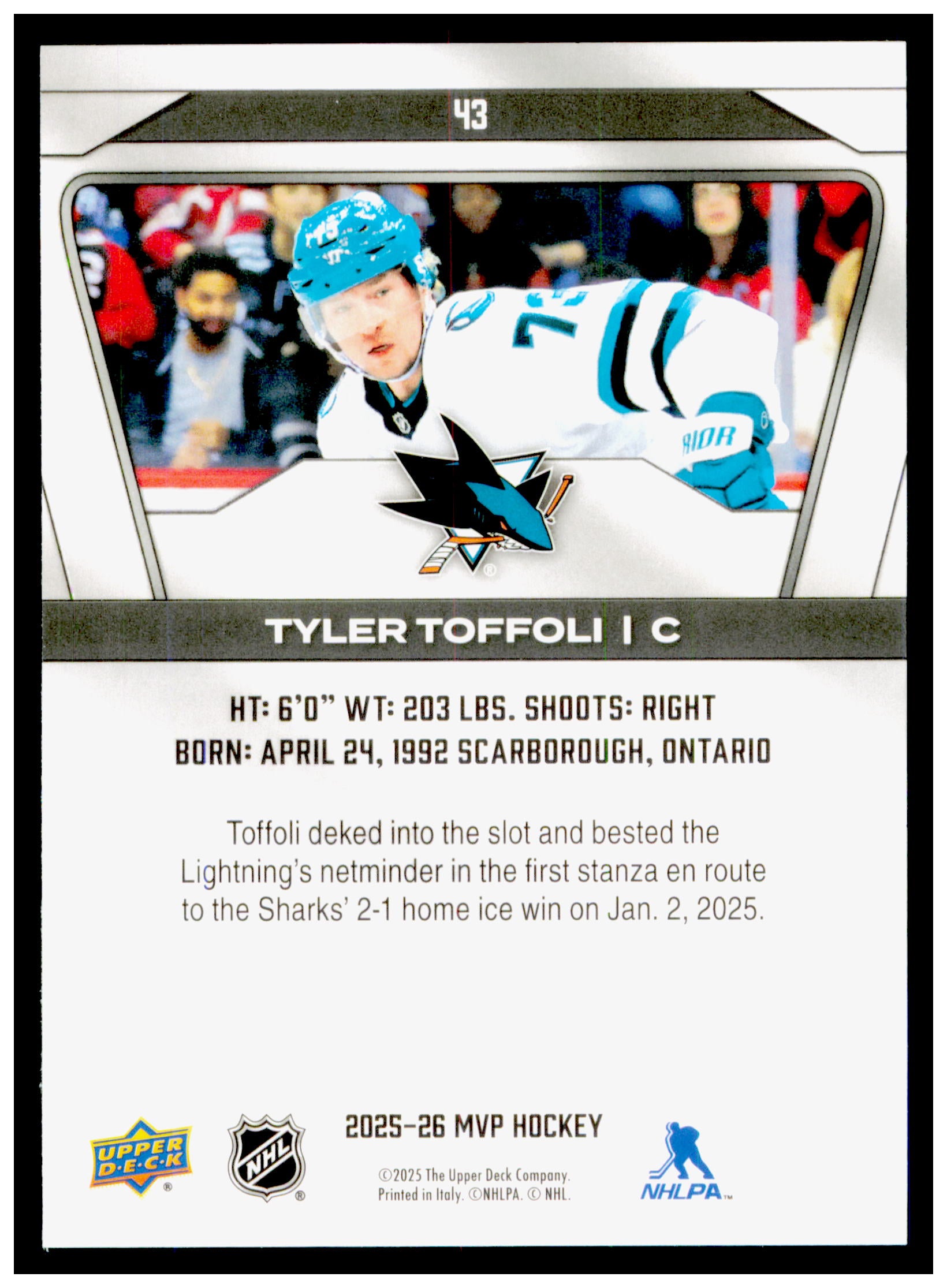 2025-26 Upper Deck MVP Tyler Toffoli Card San Jose Sharks #43