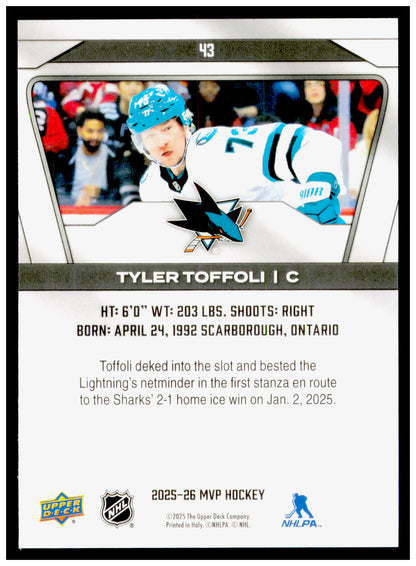 2025-26 Upper Deck MVP Tyler Toffoli Card San Jose Sharks #43