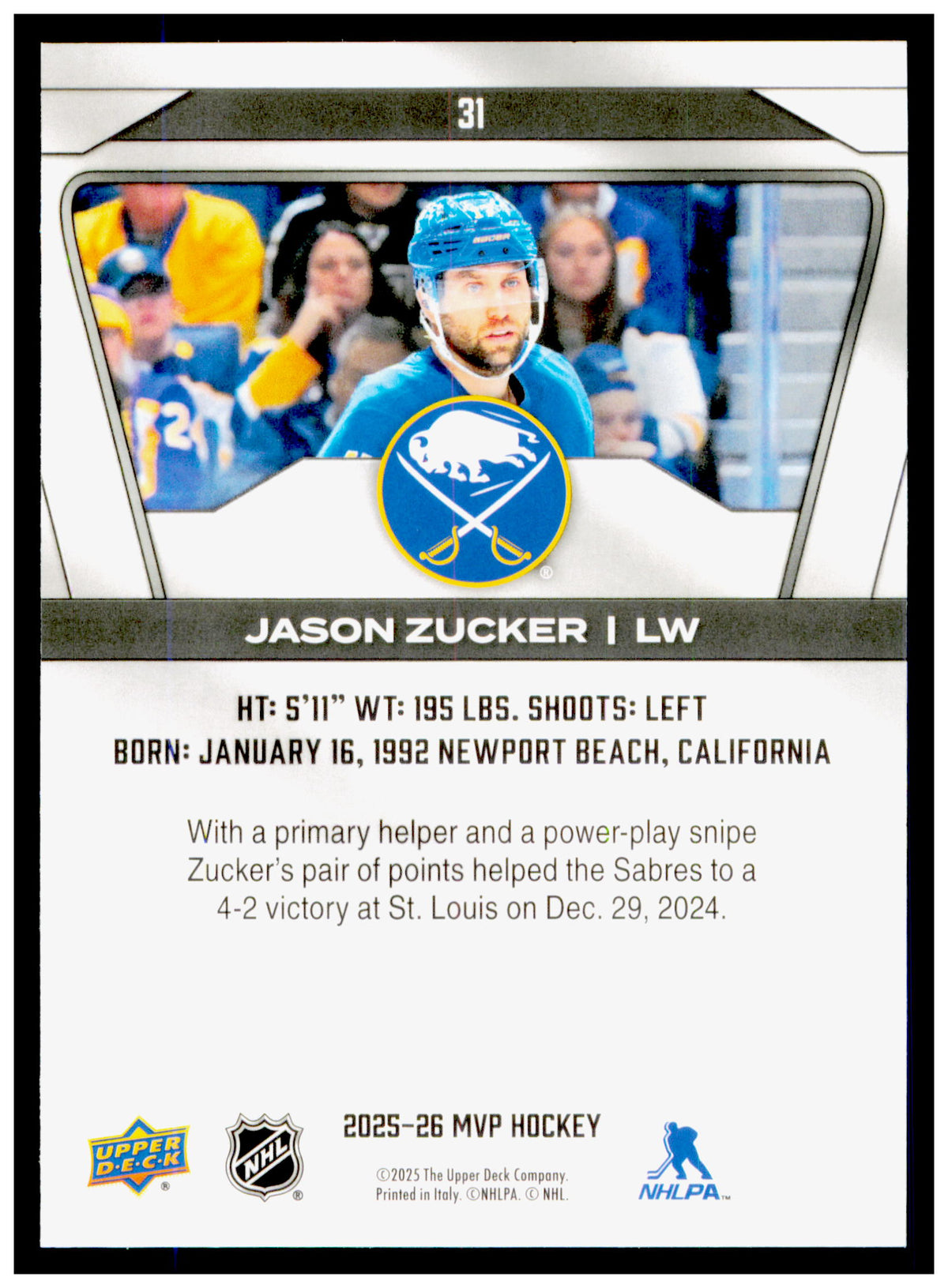 2025-26 Upper Deck MVP Jason Zucker Card Green Script Buffalo Sabres #31