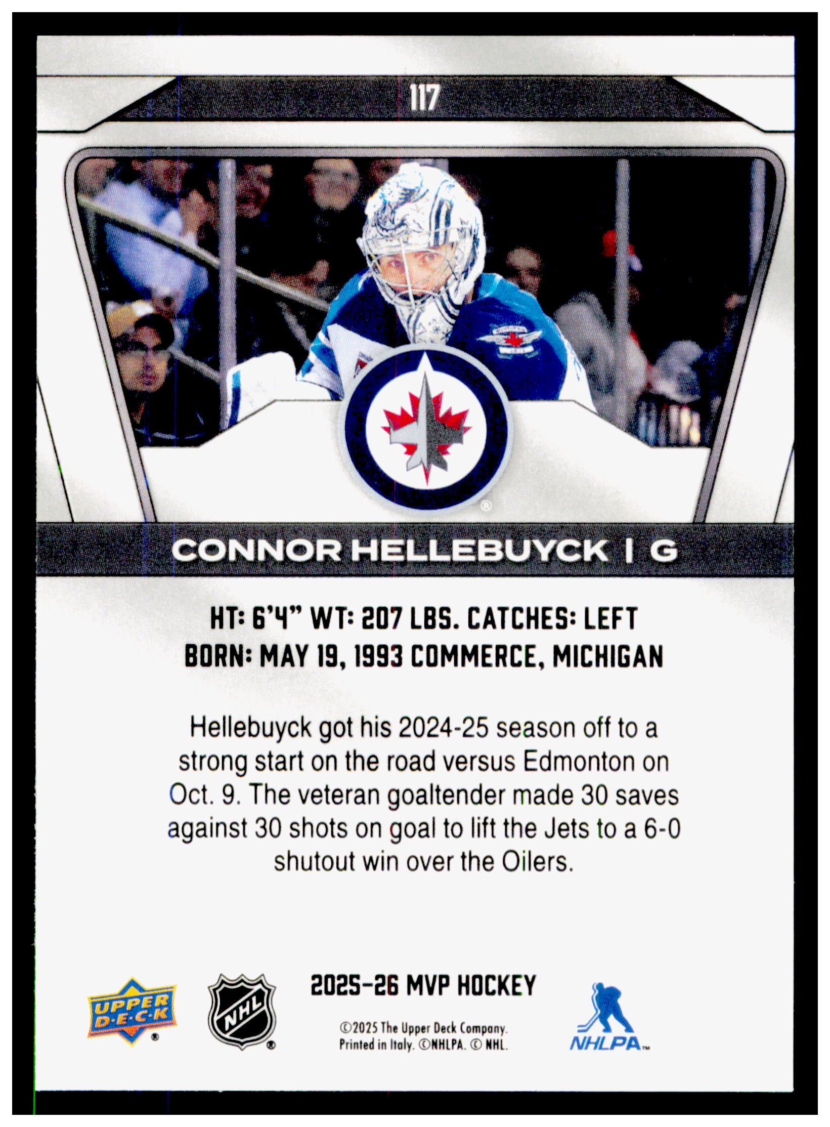 2025-26 Upper Deck MVP Connor Hellebuyck Card Green Script Winnipeg Jets #117
