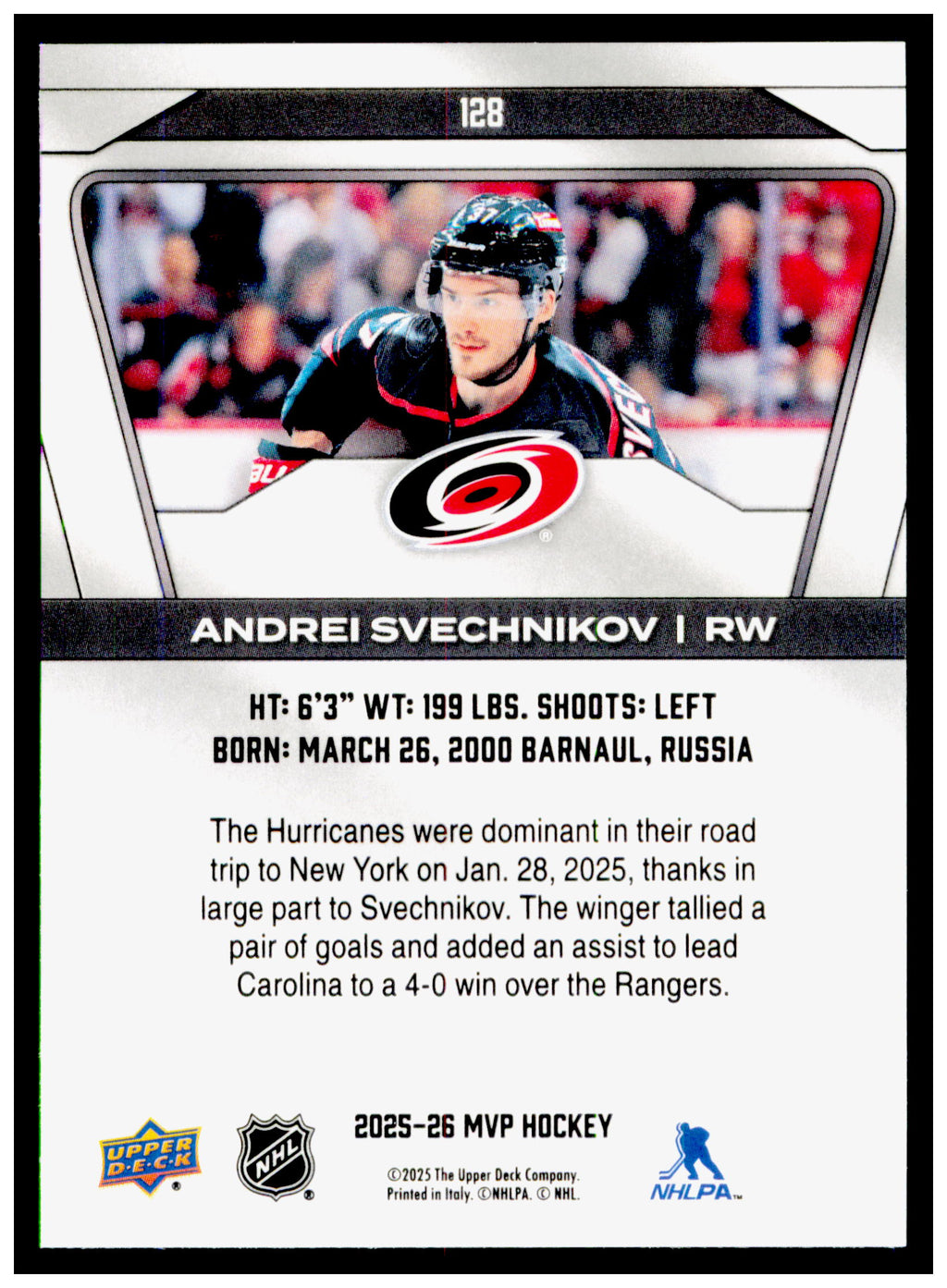 2025-26 Upper Deck MVP Andrei Svechnikov Card Carolina Hurricanes #128