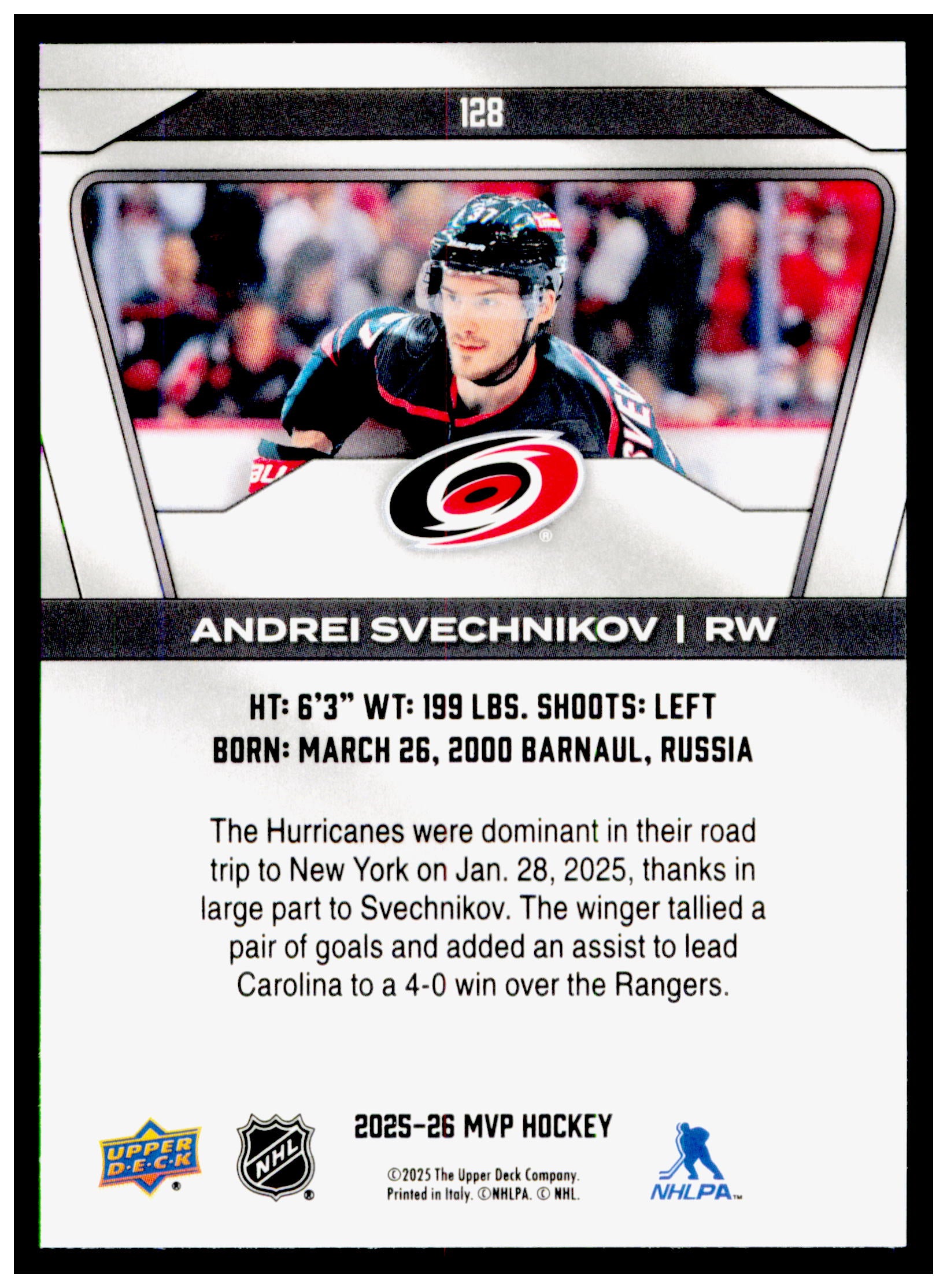 2025-26 Upper Deck MVP Andrei Svechnikov Card Carolina Hurricanes #128