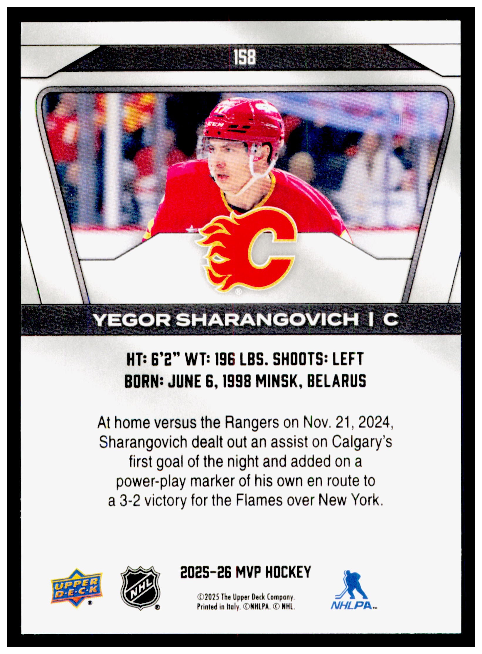 2025-26 Upper Deck MVP Yegor Sharangovich Card Calgary Flames #158