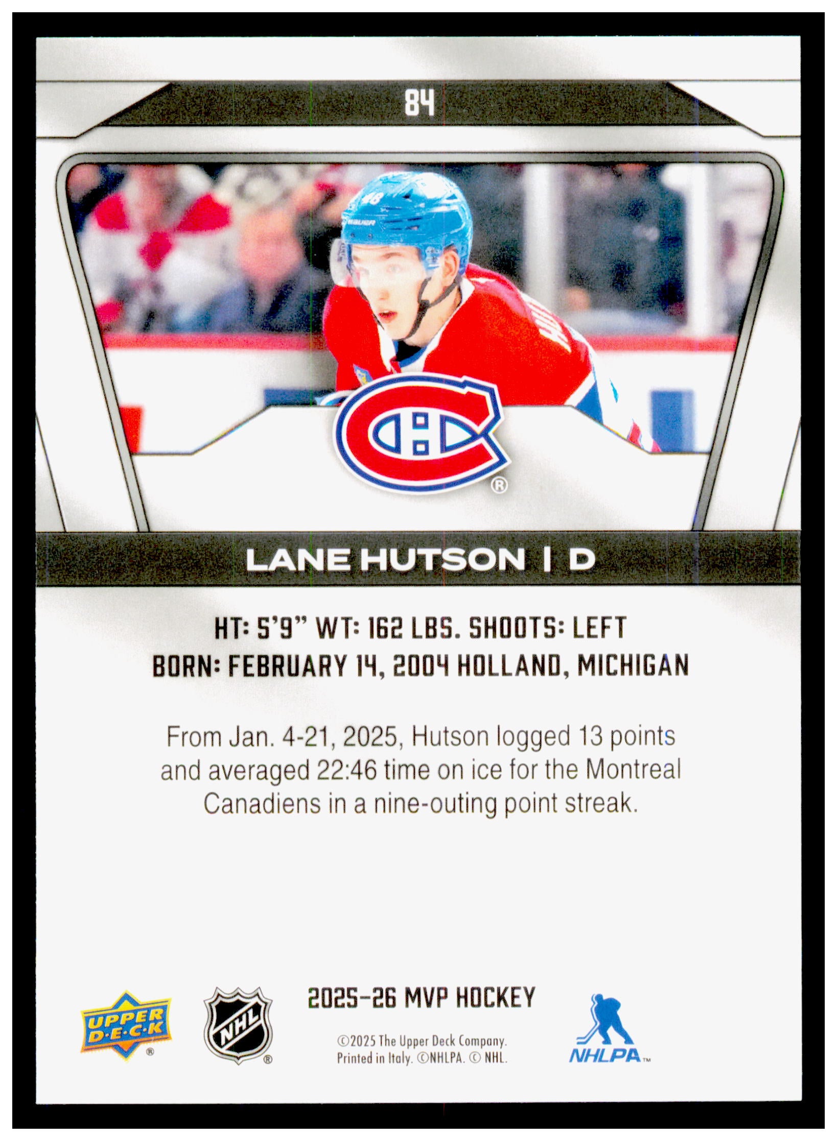 2025-26 Upper Deck MVP Lane Hutson Card Montreal Canadiens #84