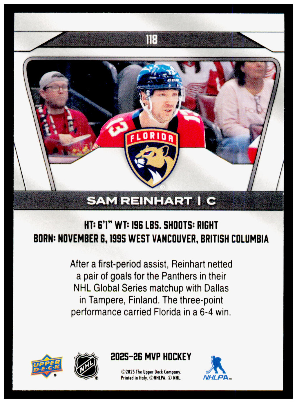2025-26 Upper Deck MVP Sam Reinhart Card Florida Panthers #118