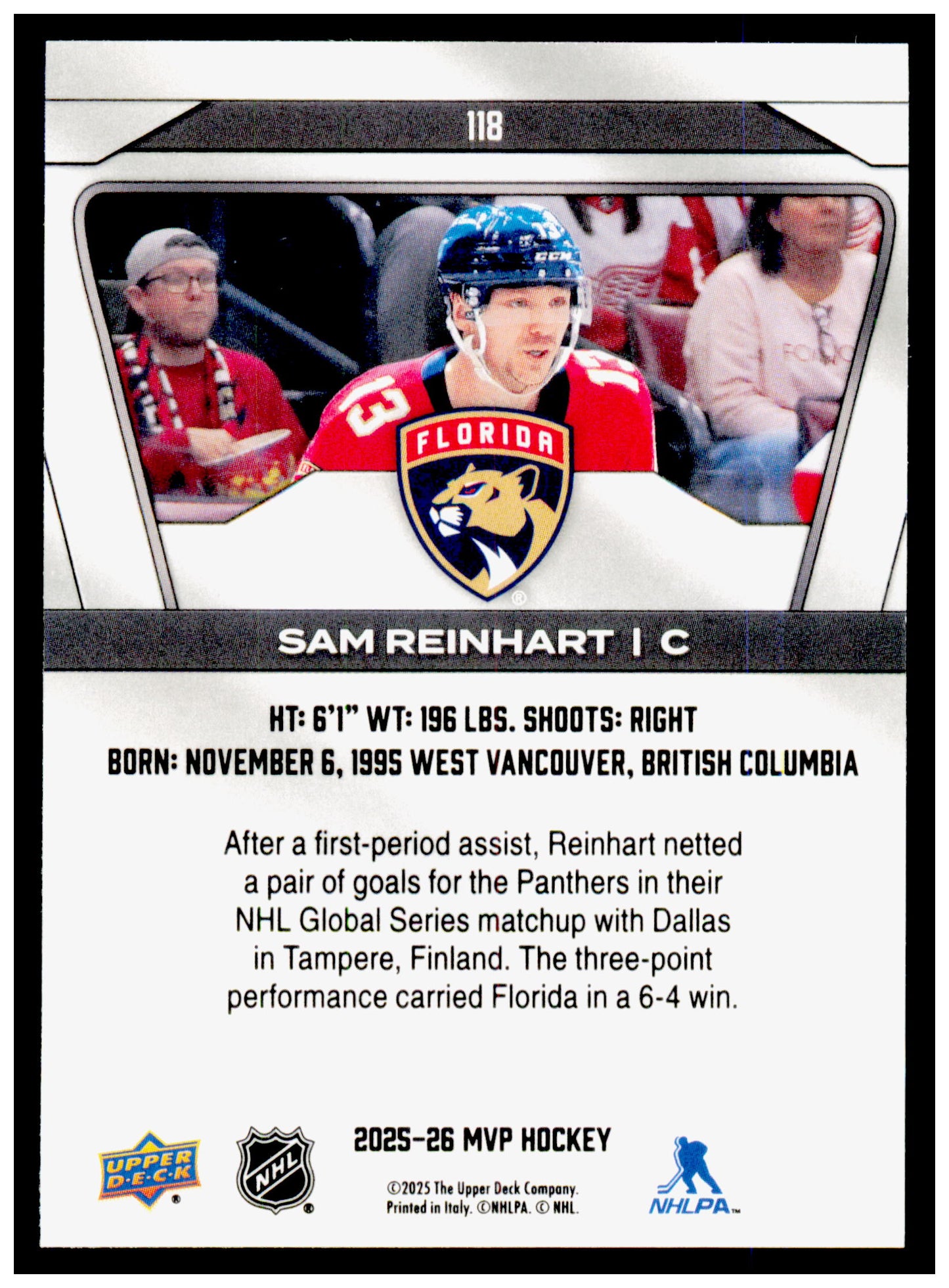 2025-26 Upper Deck MVP Sam Reinhart Card Florida Panthers #118