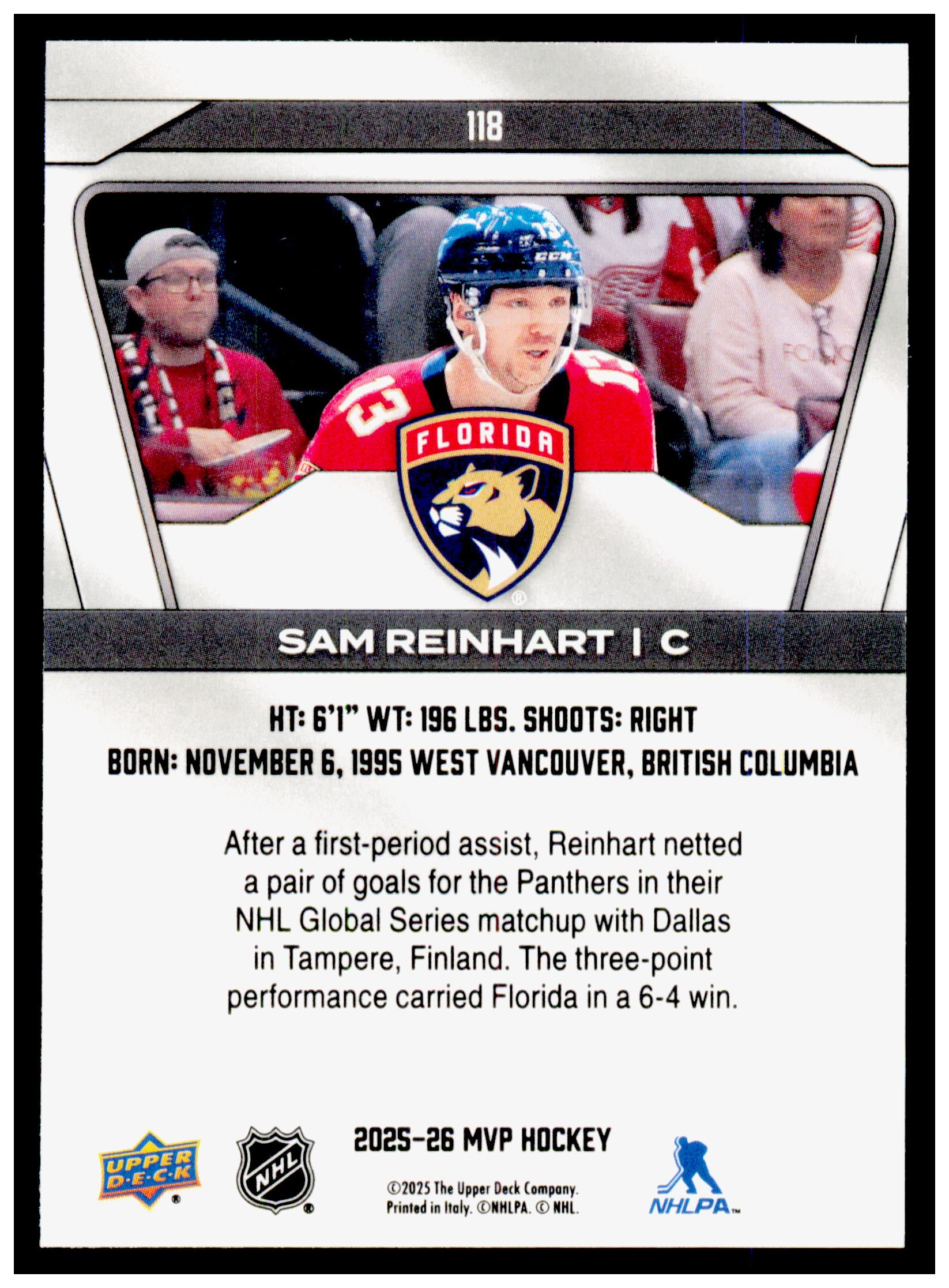 2025-26 Upper Deck MVP Sam Reinhart Card Florida Panthers #118