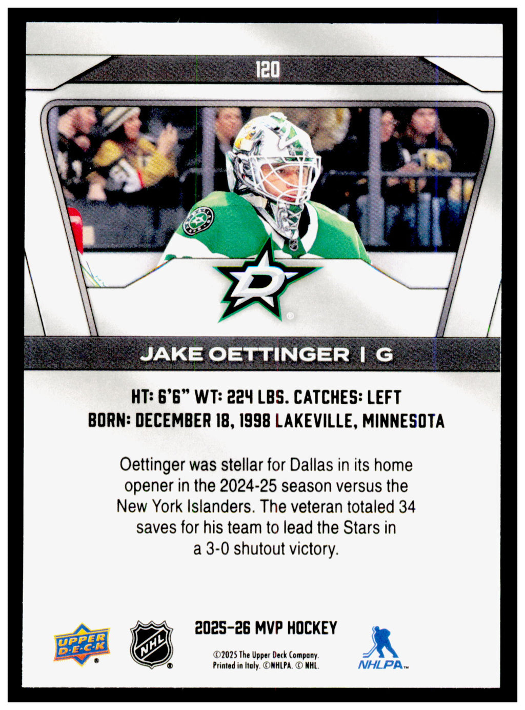 2025-26 Upper Deck MVP Jake Oettinger Card Dallas Stars #120