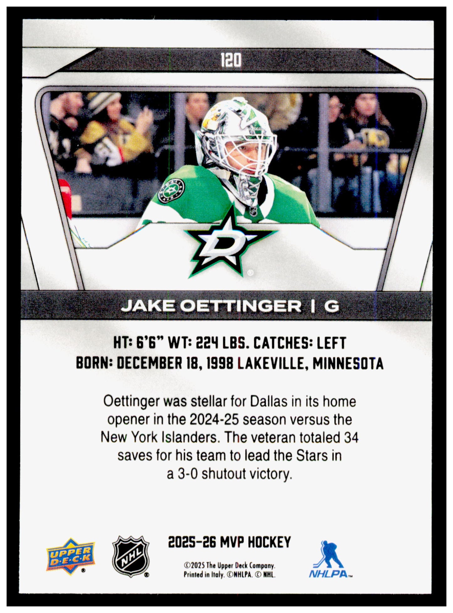 2025-26 Upper Deck MVP Jake Oettinger Card Dallas Stars #120