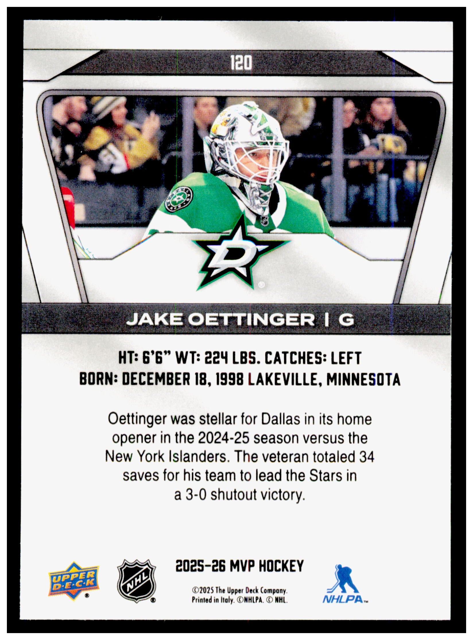 2025-26 Upper Deck MVP Jake Oettinger Card Dallas Stars #120