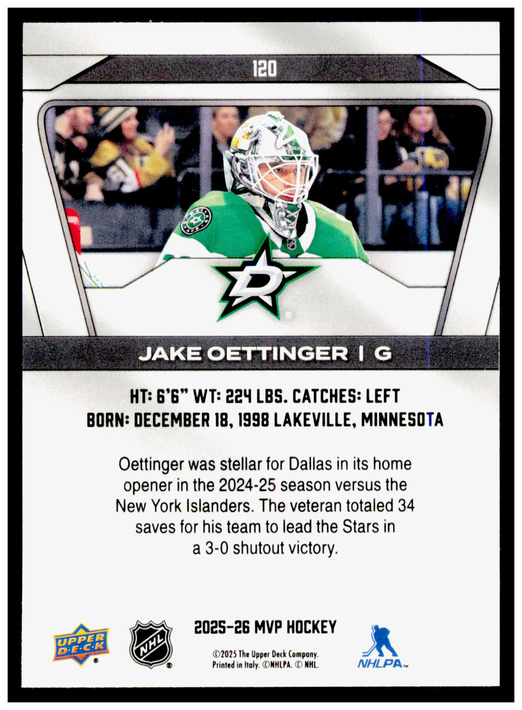 2025-26 Upper Deck MVP Jake Oettinger Card Dallas Stars #120