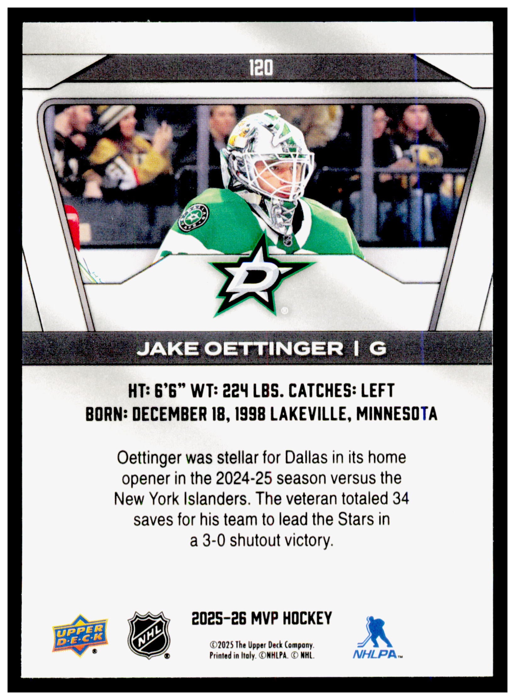 2025-26 Upper Deck MVP Jake Oettinger Card Dallas Stars #120