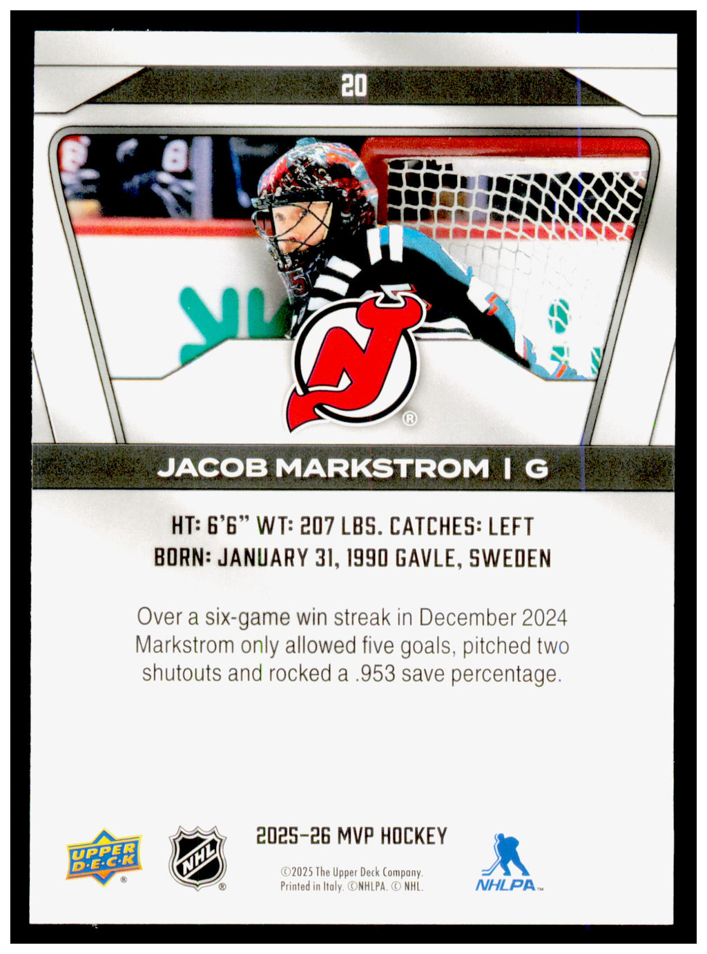 2025-26 Upper Deck MVP Jacob Markstrom Card New Jersey Devils #20