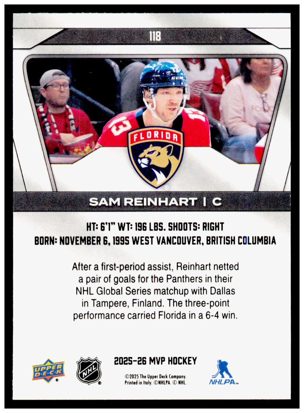 2025-26 Upper Deck MVP Sam Reinhart Card Florida Panthers #118