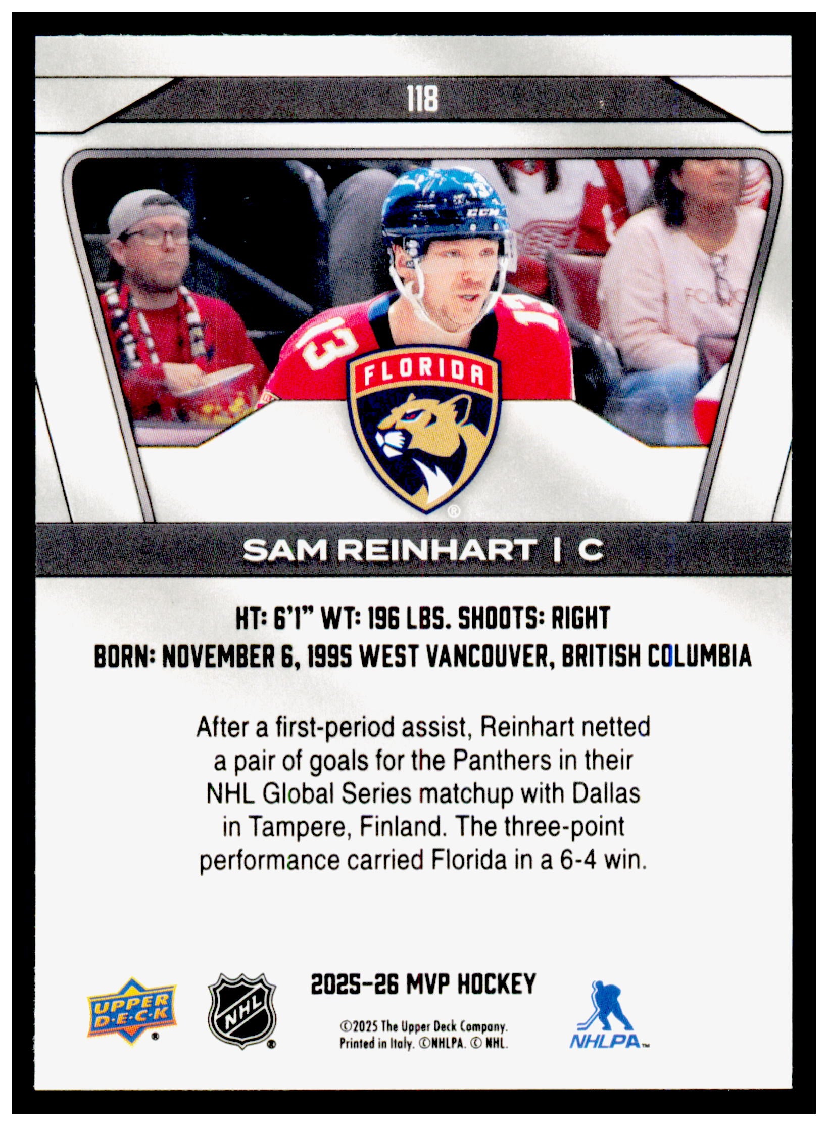 2025-26 Upper Deck MVP Sam Reinhart Card Florida Panthers #118