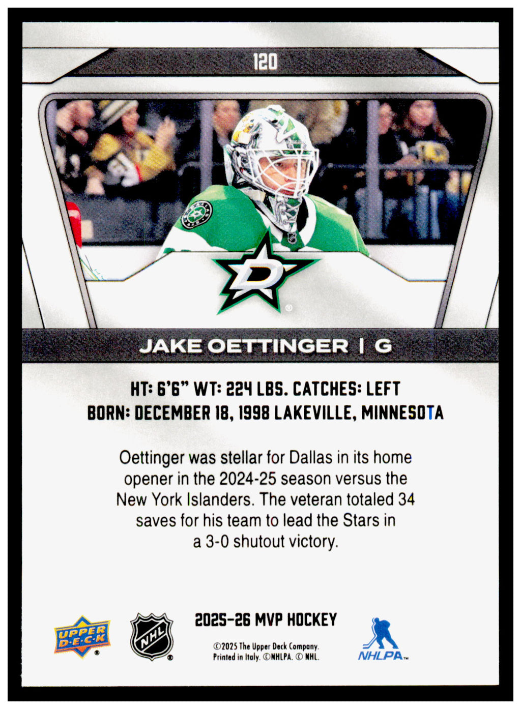2025-26 Upper Deck MVP Jake Oettinger Card Dallas Stars #120