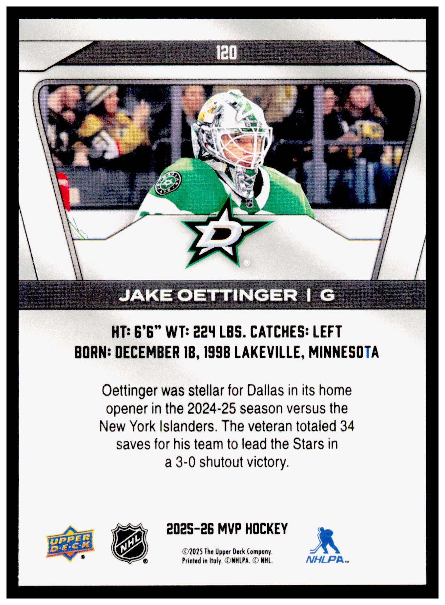 2025-26 Upper Deck MVP Jake Oettinger Card Dallas Stars #120