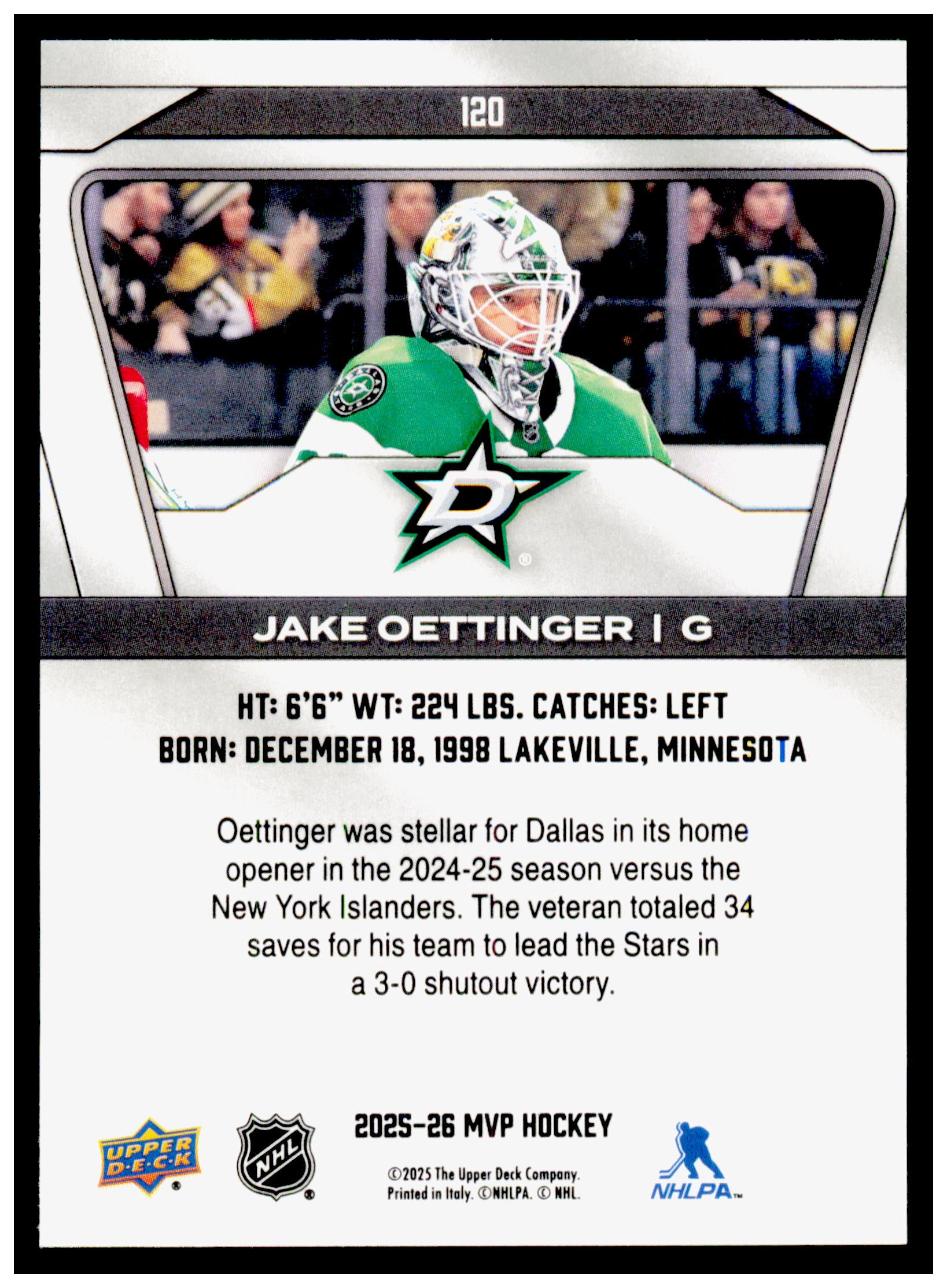 2025-26 Upper Deck MVP Jake Oettinger Card Dallas Stars #120