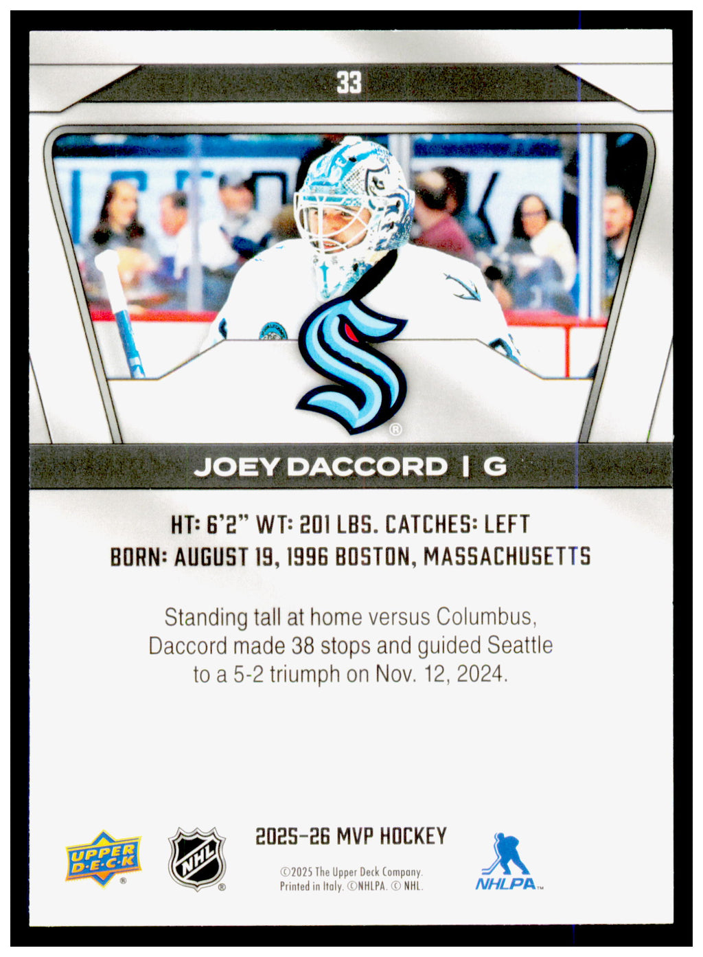 2025-26 Upper Deck MVP Joey Daccord Card Seattle Kraken #33