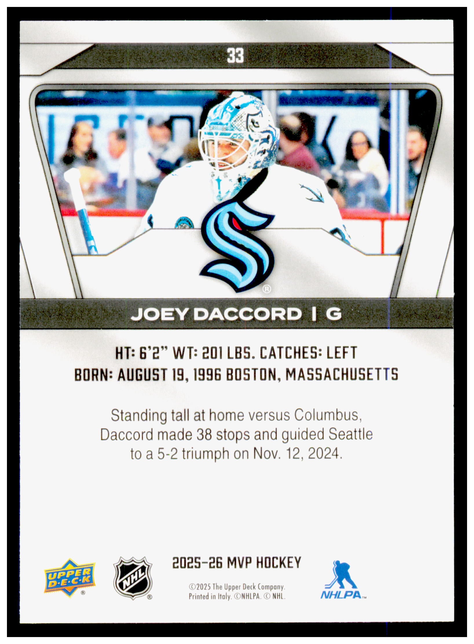 2025-26 Upper Deck MVP Joey Daccord Card Seattle Kraken #33