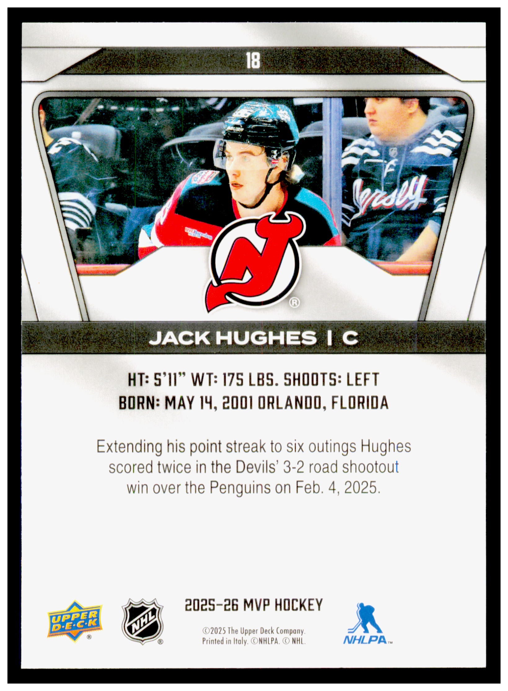 2025-26 Upper Deck MVP Jack Hughes Card Panel Singles New Jersey Devils #PR-2