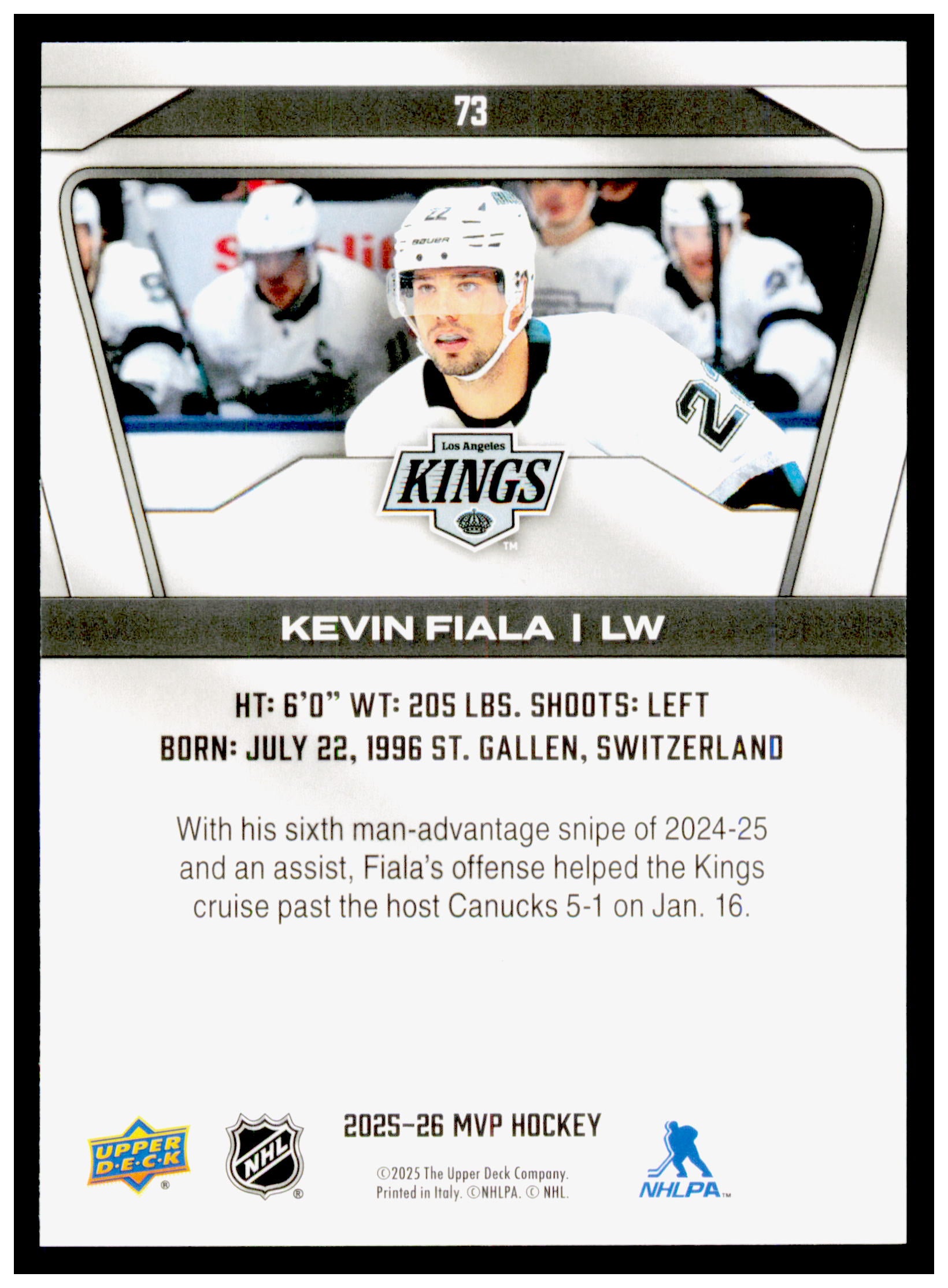 2025-26 Upper Deck MVP Kevin Fiala Card Los Angeles Kings #73