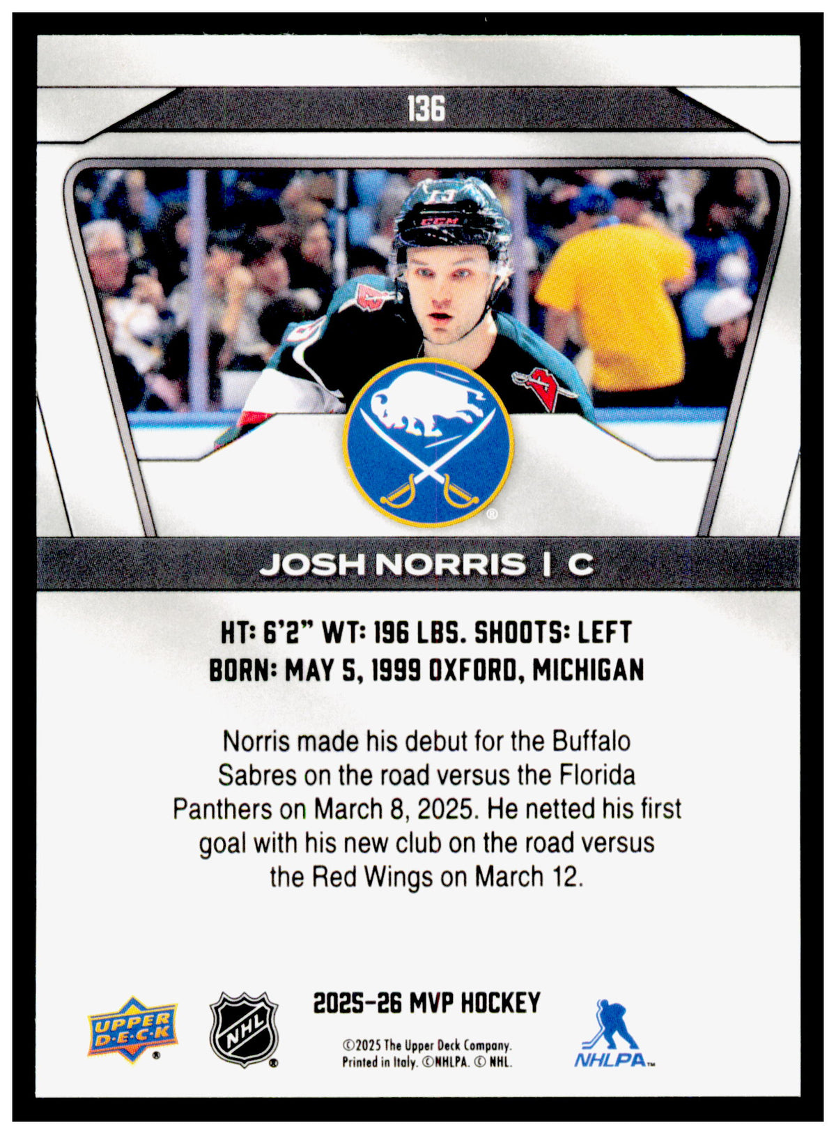 2025-26 Upper Deck MVP Josh Norris Card Buffalo Sabres #136