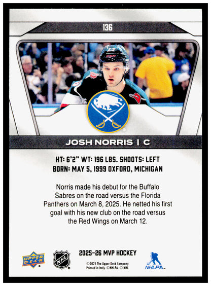 2025-26 Upper Deck MVP Josh Norris Card Buffalo Sabres #136