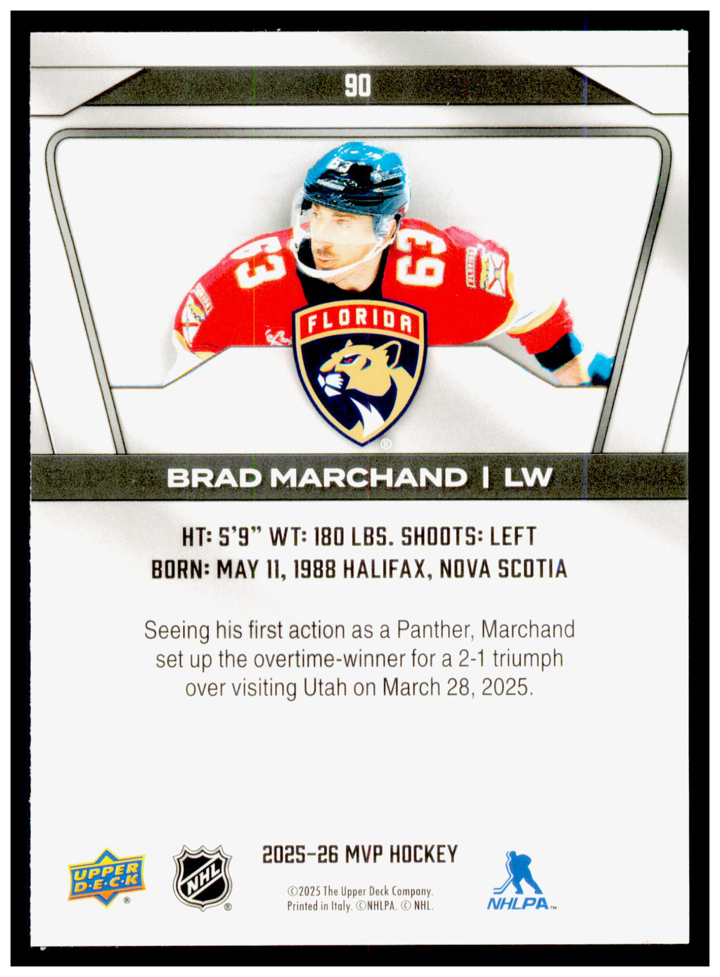 2025-26 Upper Deck MVP Brad Marchand Card Florida Panthers #90
