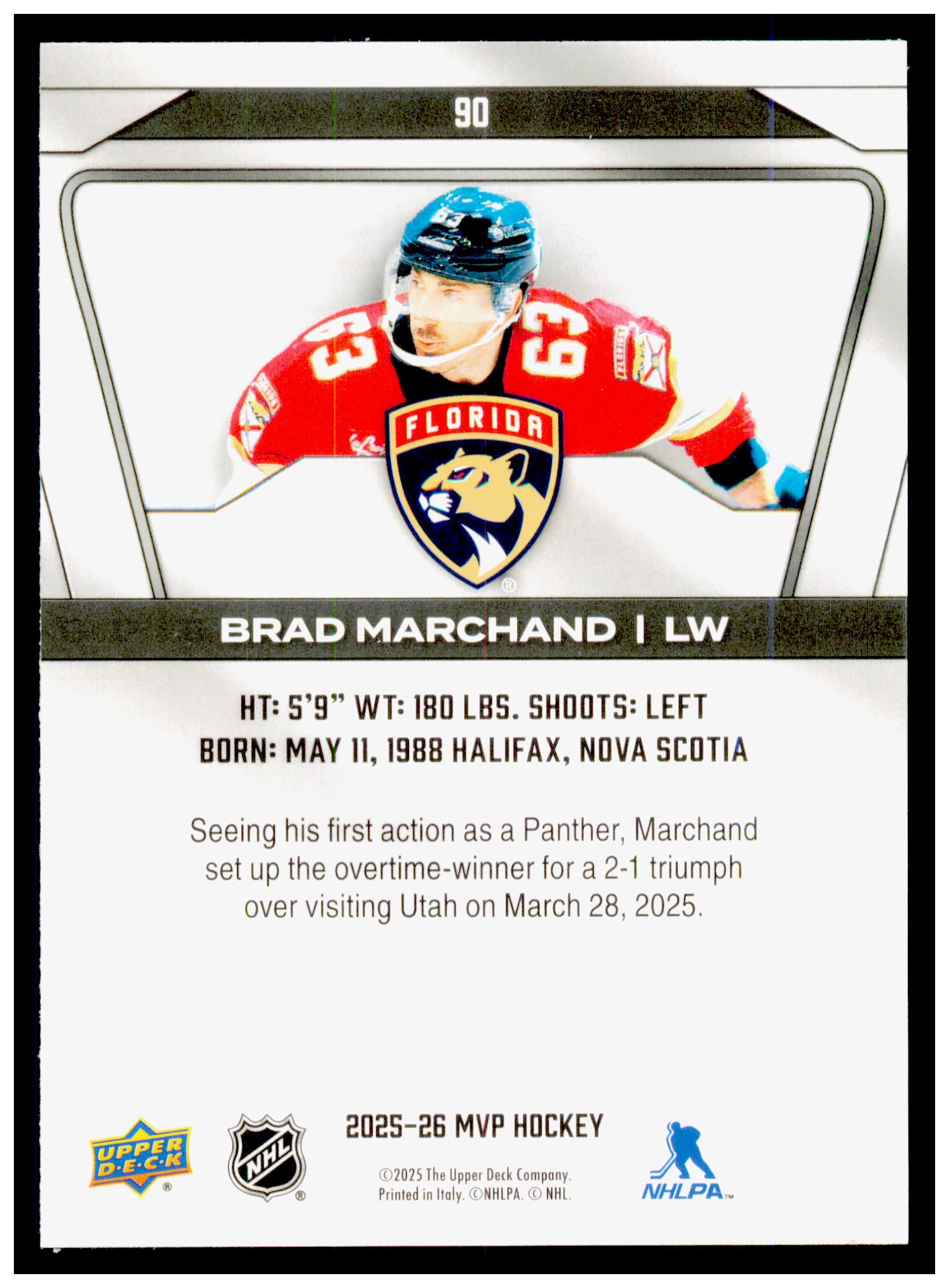 2025-26 Upper Deck MVP Brad Marchand Card Florida Panthers #90