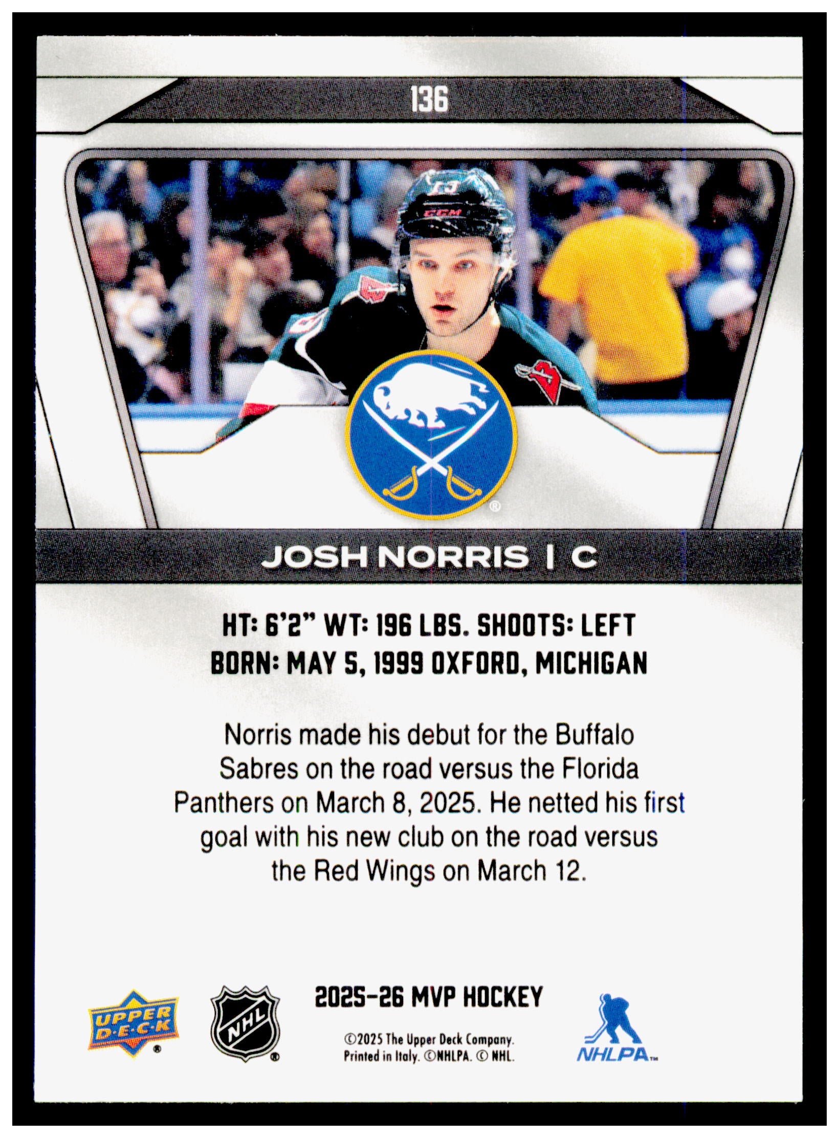 2025-26 Upper Deck MVP Josh Norris Card Buffalo Sabres #136