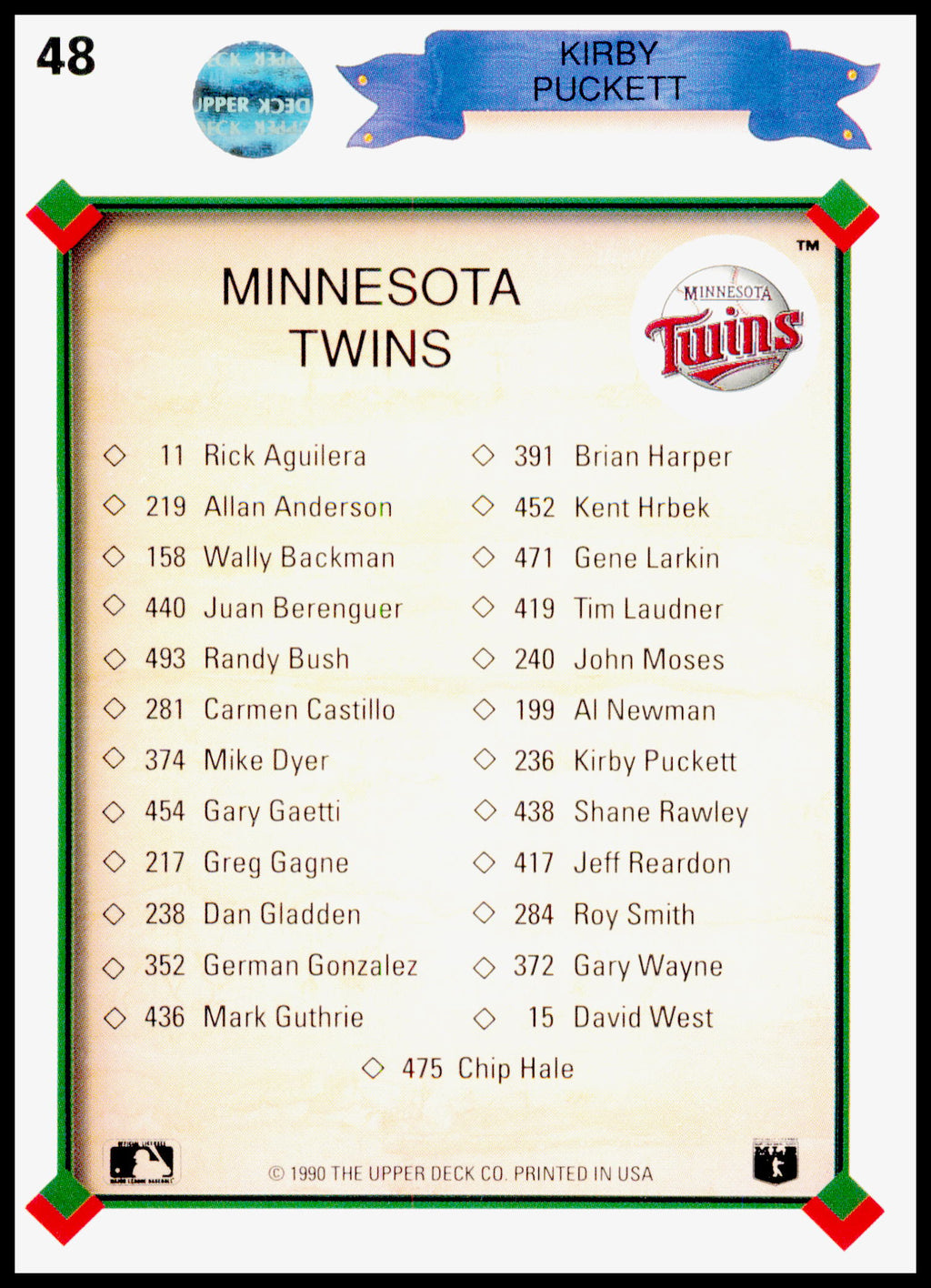 1990 Upper Deck Kirby Puckett Card Minnesota Twins #48