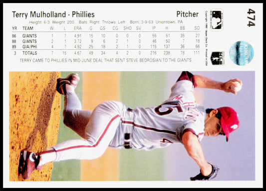 1990 Upper Deck Terry Mulholland Card Philadelphia Phillies #474
