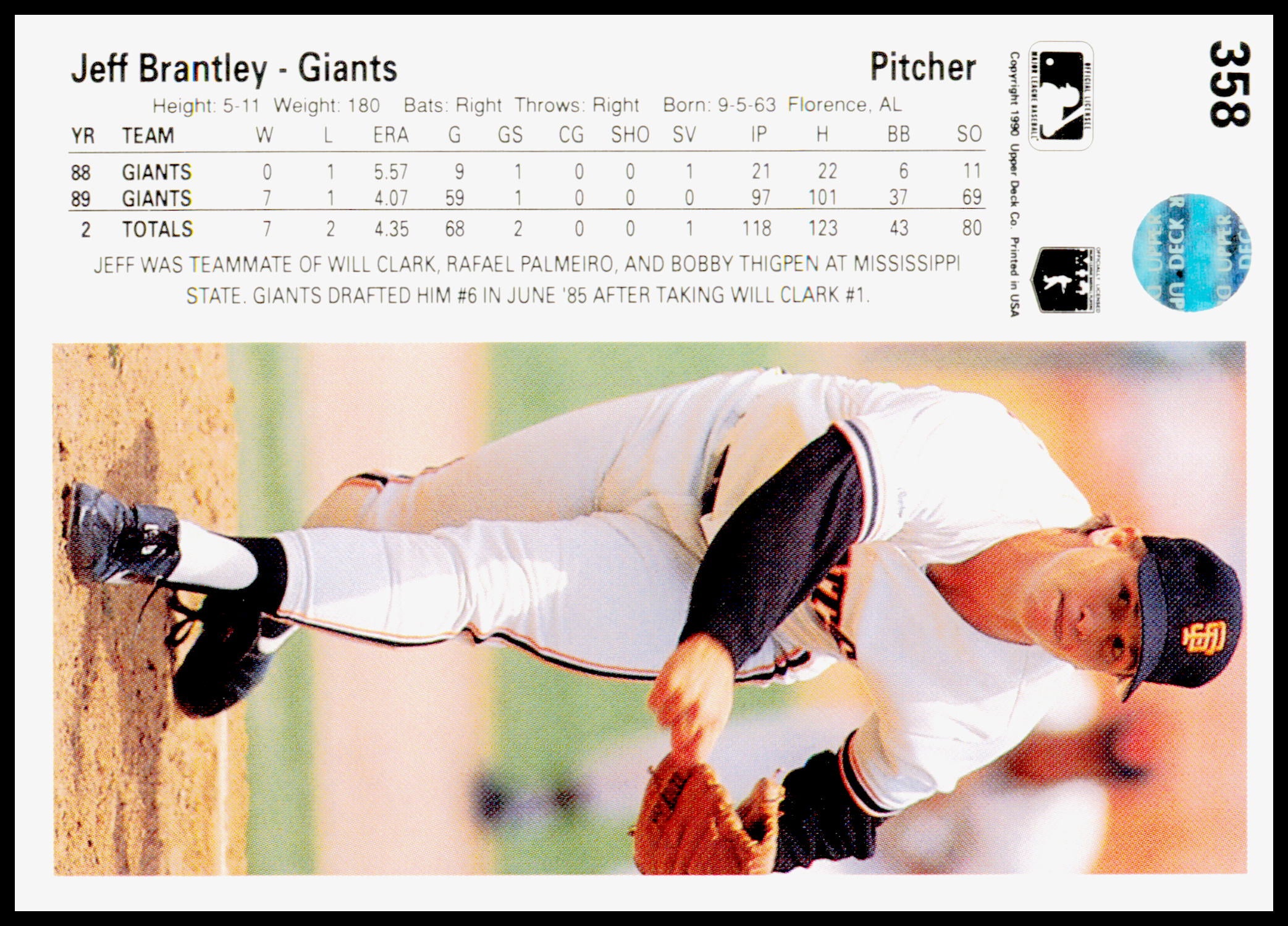 1990 Upper Deck Jeff Brantley Card RC San Francisco Giants #358