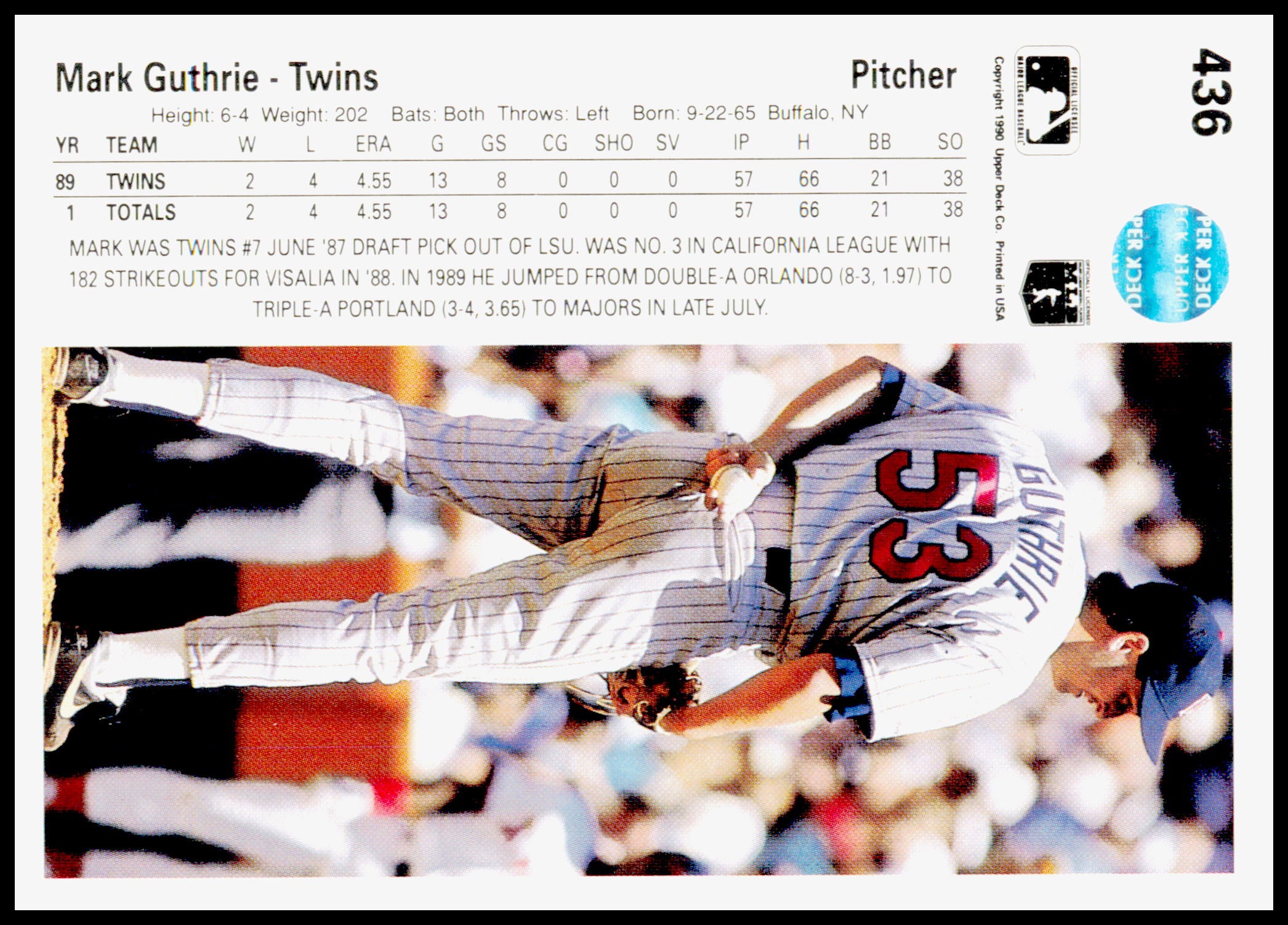 1990 Upper Deck Mark Guthrie Card RC Minnesota Twins #436