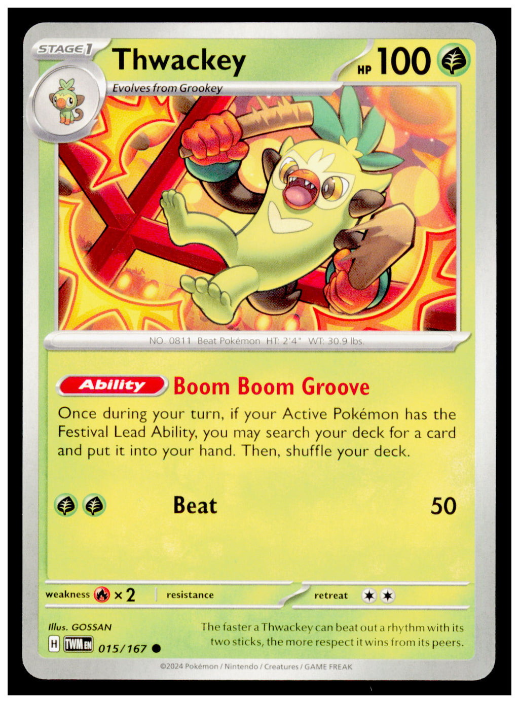 Thwackey 015/167 Pokemon Twilight Masquerade TWM Uncommon Stage 1 Card