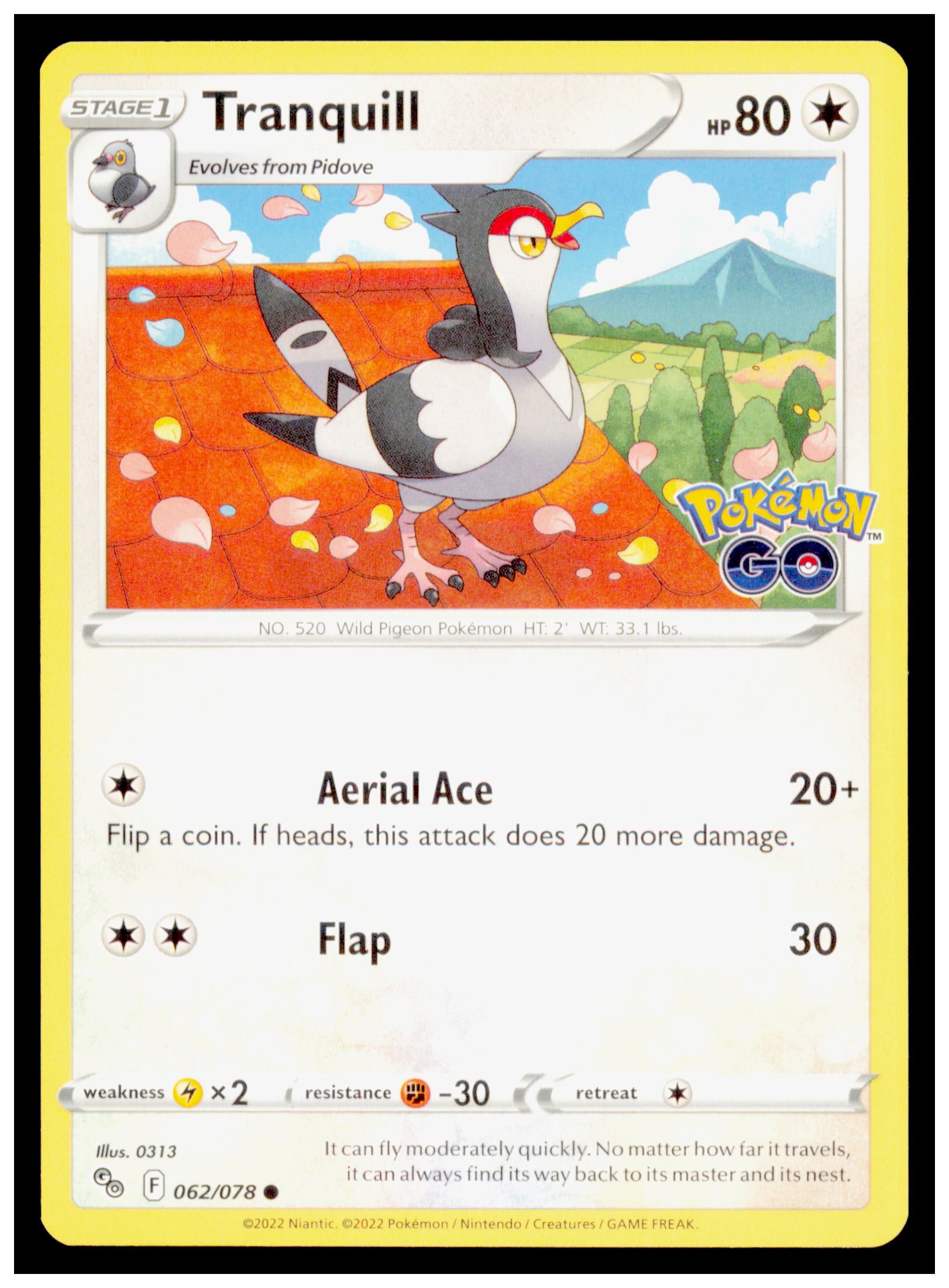 Pokemon GO Tranquill Card Common,Reverse Holo #062/078