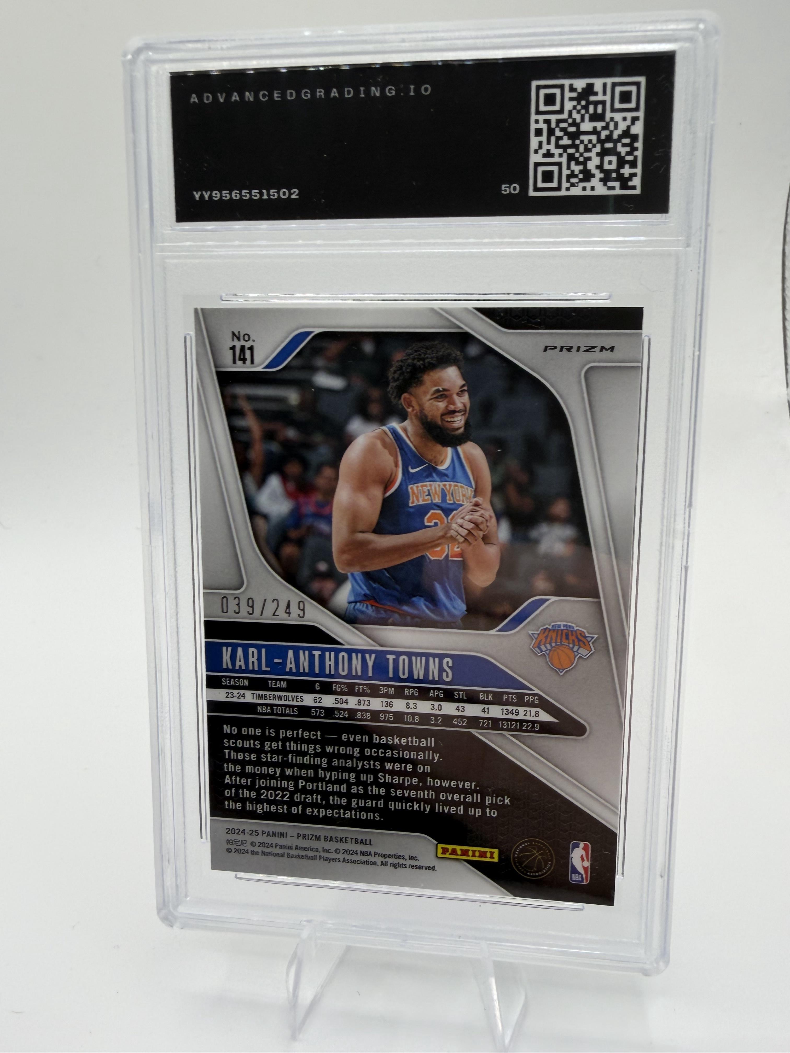 2024-25 Panini Prizm Karl-Anthony Towns Pink Prizm 039/249 Knicks AG 10 GEM