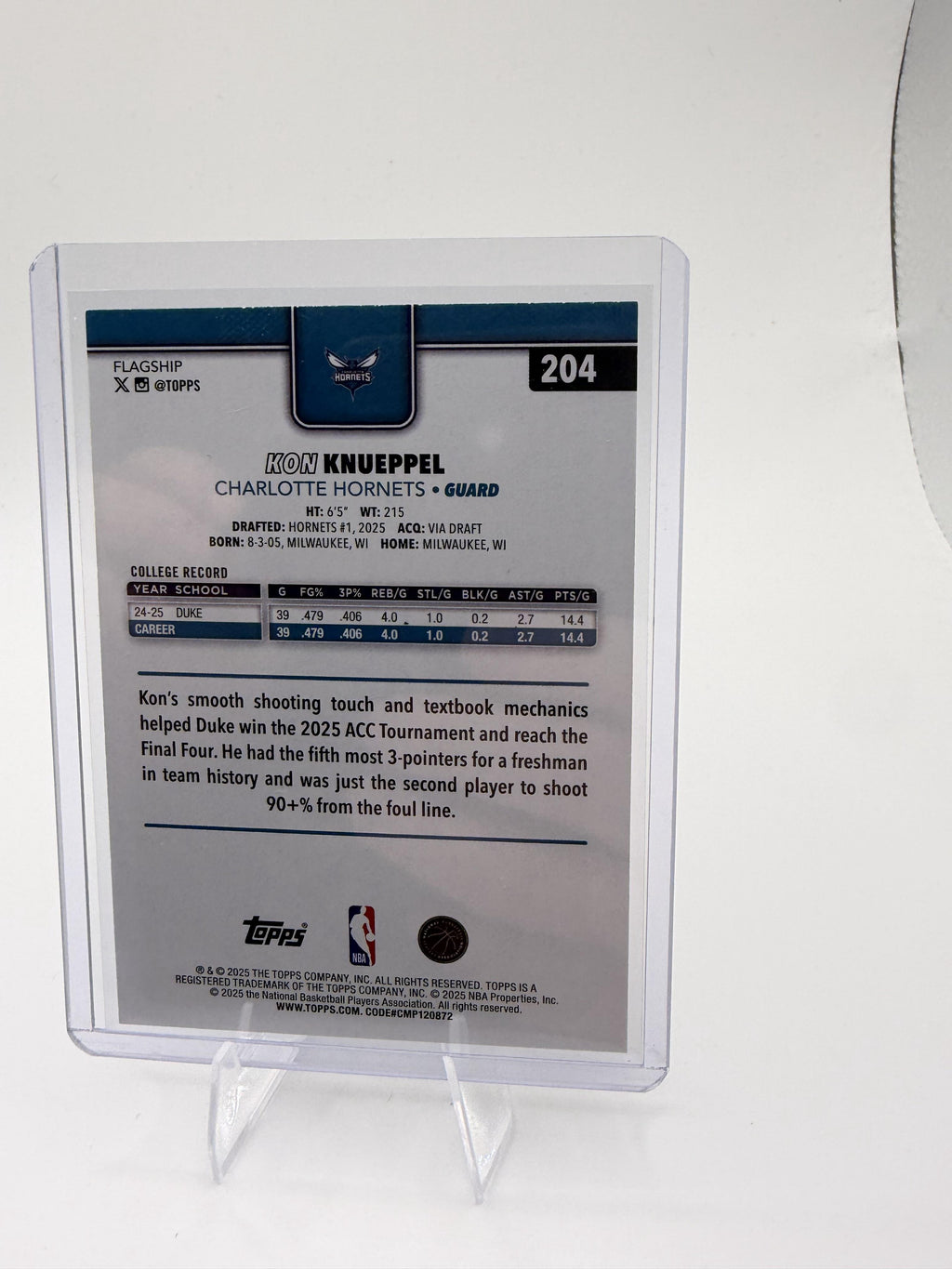 2025-26 Topps Kon Knueppel Card RC Charlotte Hornets #204