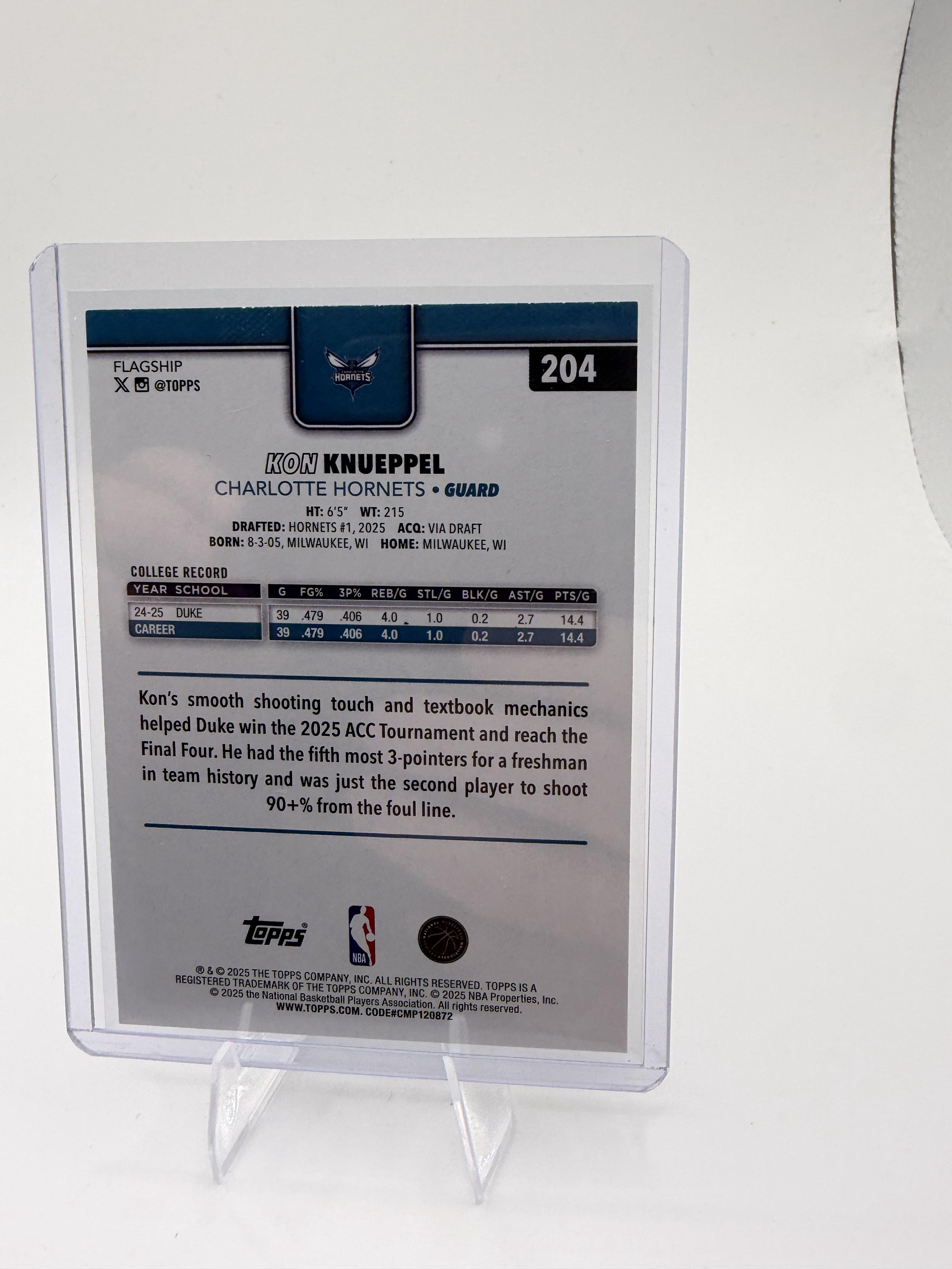 2025-26 Topps Kon Knueppel Card RC Charlotte Hornets #204