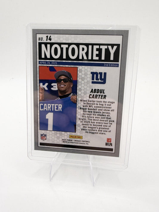 2025 Panini Mosaic Abdul Carter #14 Notoriety Silver Mosaic Prizm RC Giants SP