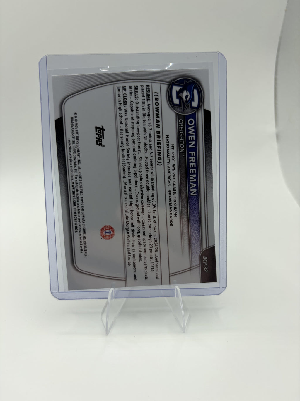 2025-26 Bowman Owen Freeman Card Chrome Prospects Creighton Bluejays #BCP-32
