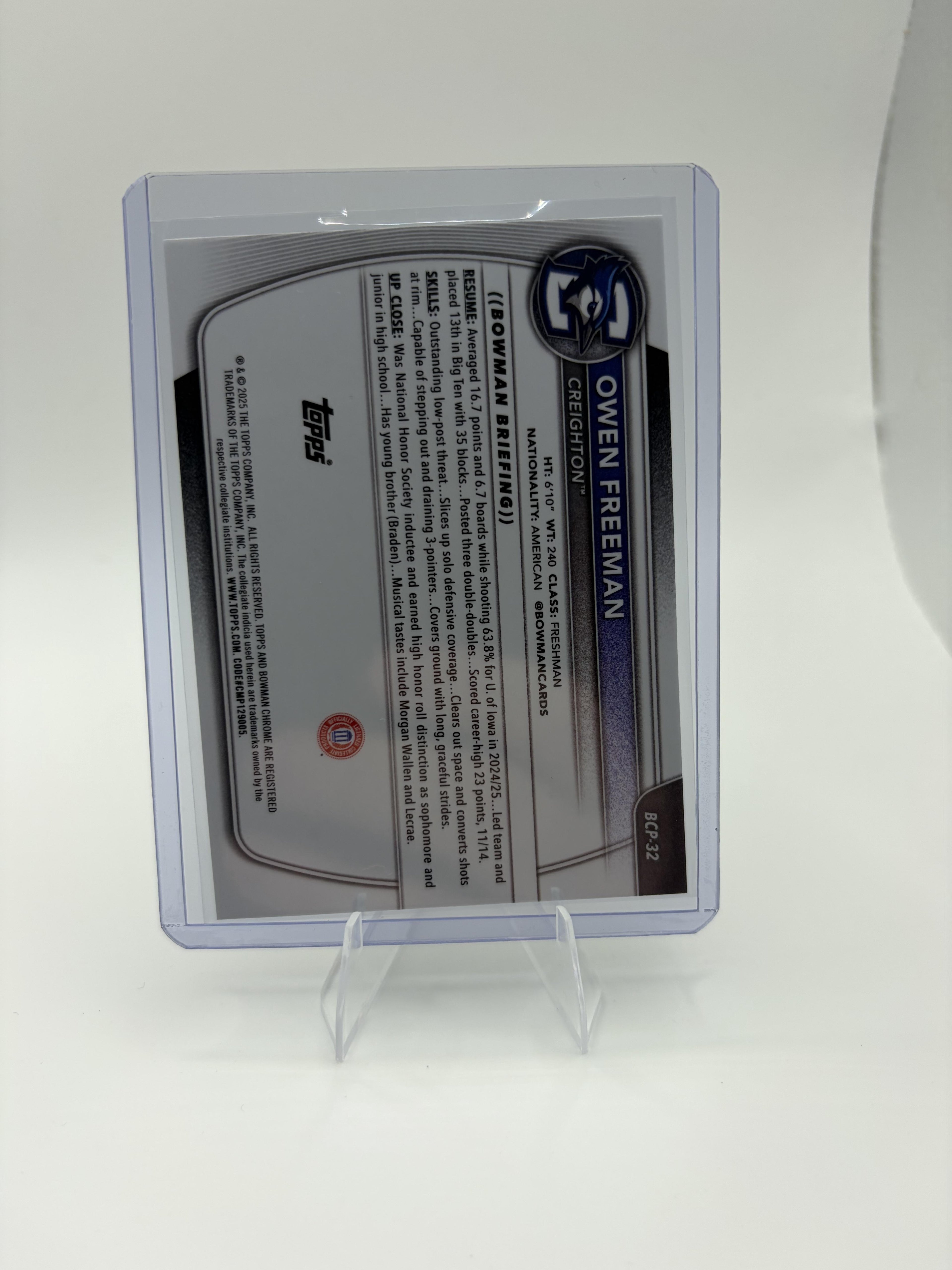 2025-26 Bowman Owen Freeman Card Chrome Prospects Creighton Bluejays #BCP-32