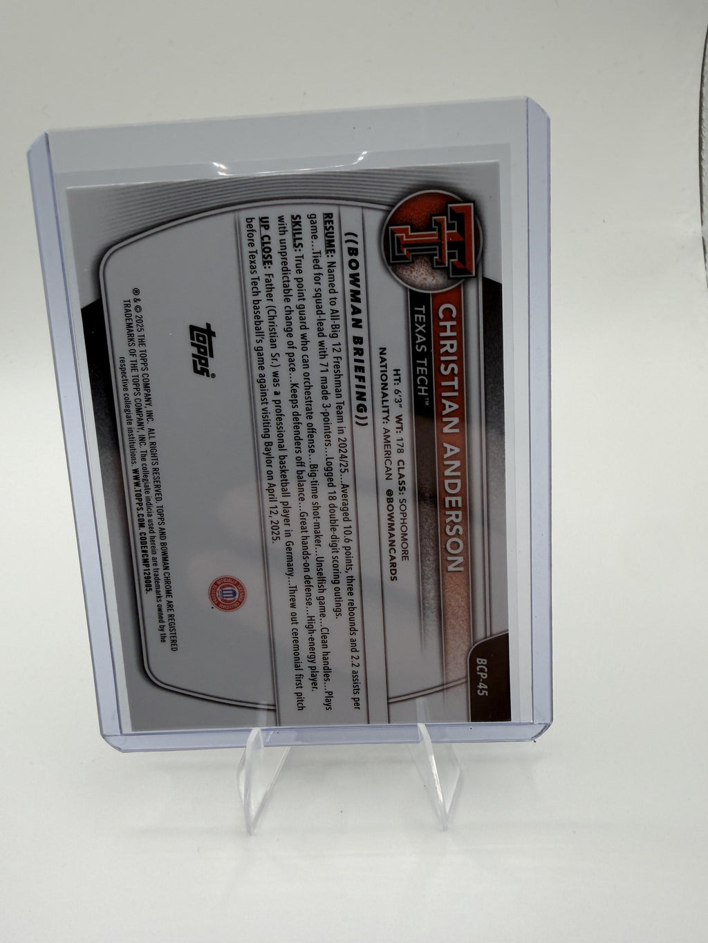 2025-26 Bowman Christian Anderson Card Chrome Prospects Texas Tech #BCP-45