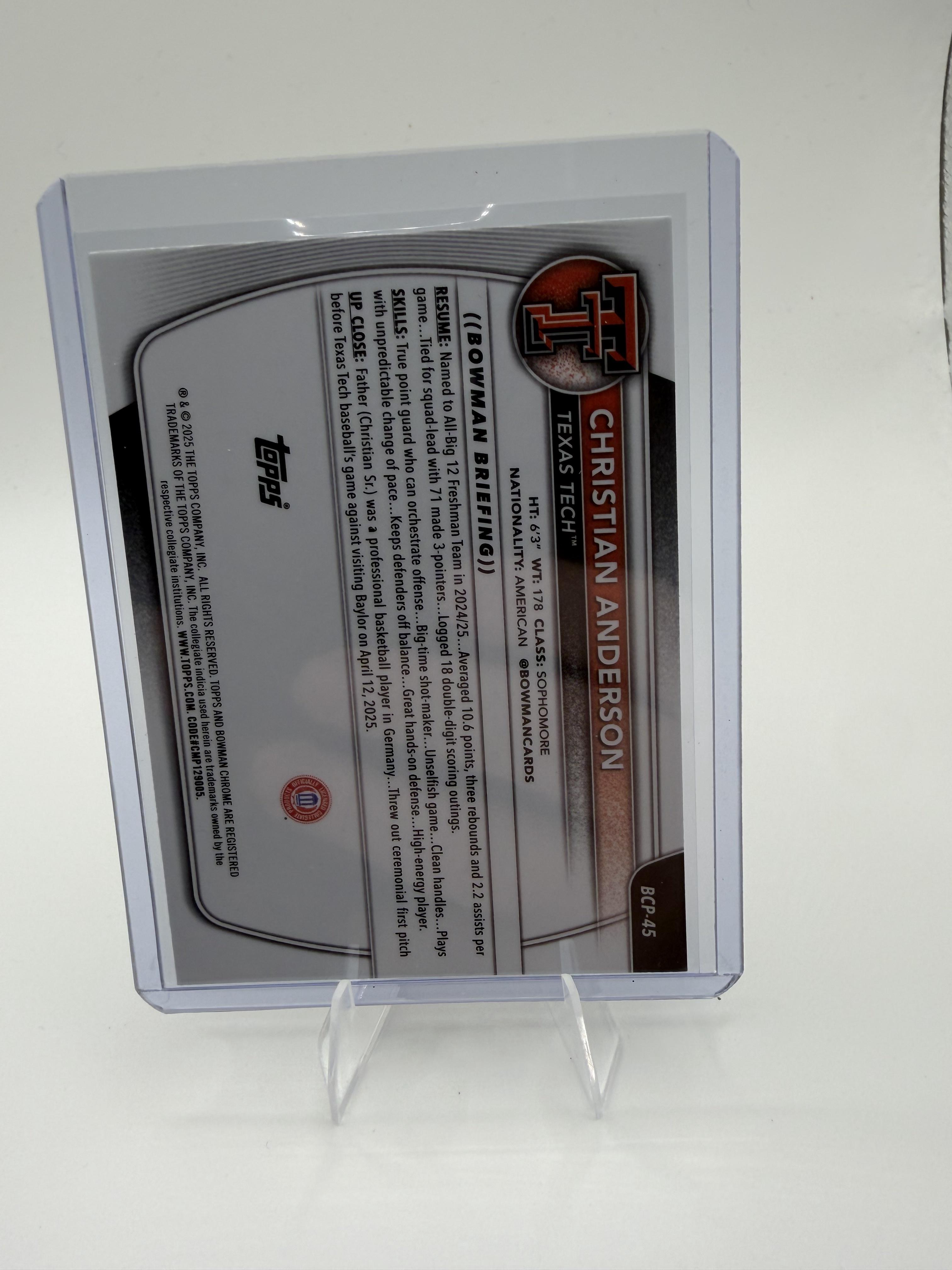 2025-26 Bowman Christian Anderson Card Chrome Prospects Texas Tech #BCP-45