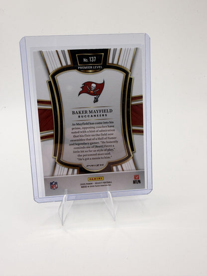 2025 Panini Select Baker Mayfield Card Red and Blue Prizm Shock Buccaneers #137