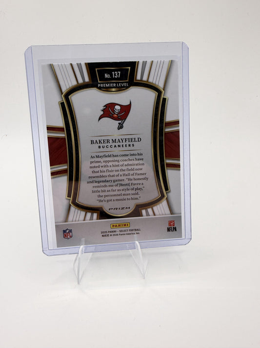 2025 Panini Select Baker Mayfield Card Red and Blue Prizm Shock Buccaneers #137
