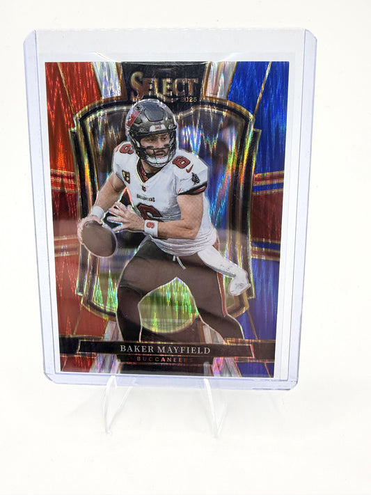 2025 Panini Select Baker Mayfield Card Red and Blue Prizm Shock Buccaneers #137