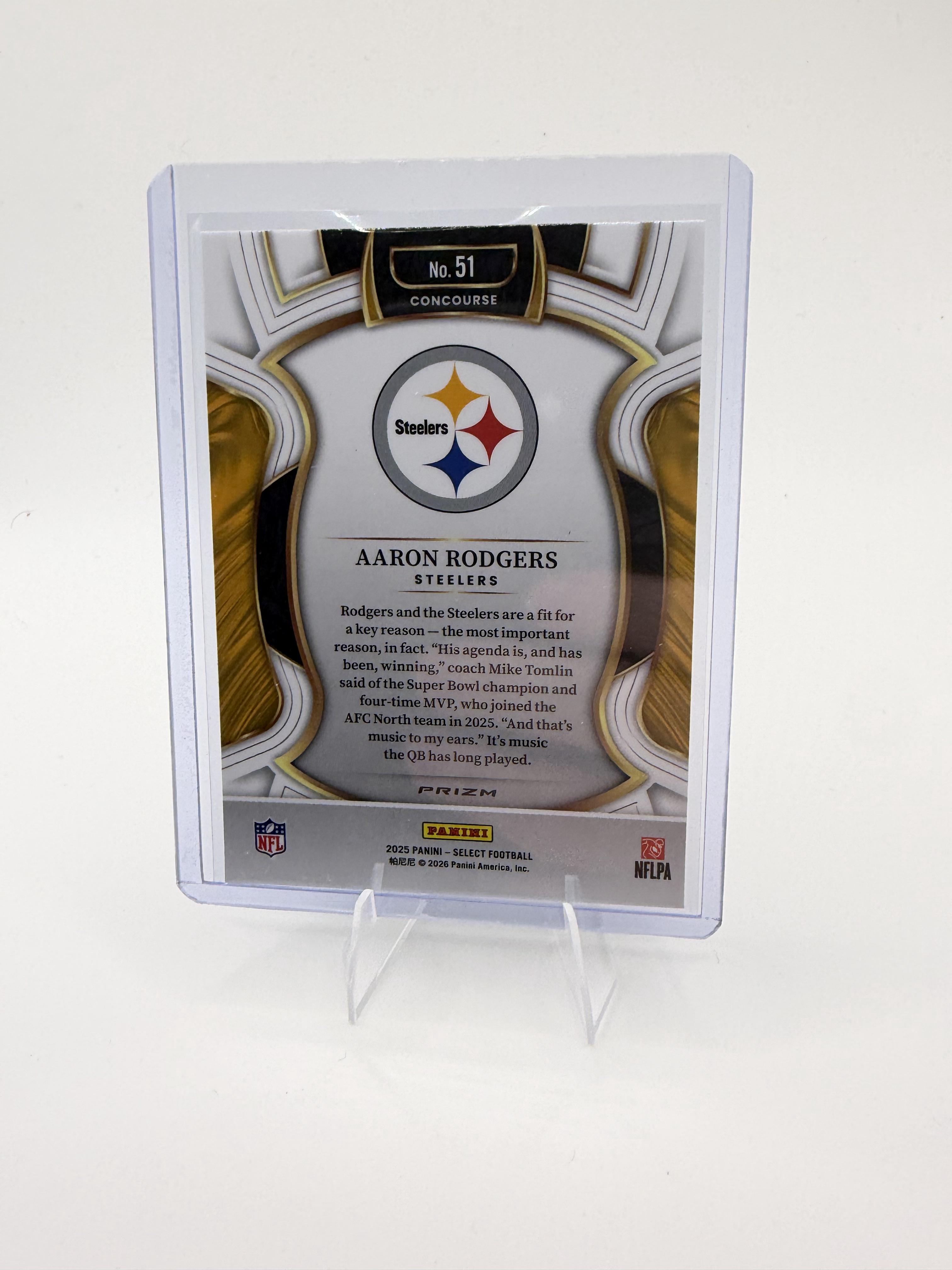 2025 Panini Select Aaron Rodgers Card Red and Blue Prizm Shock Steelers #51