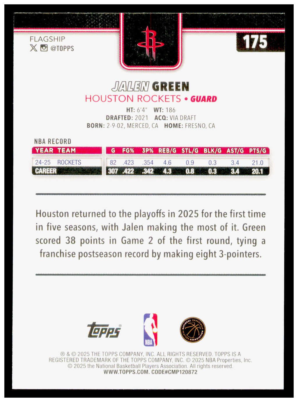 2025-26 Topps Jalen Green Card Houston Rockets #175